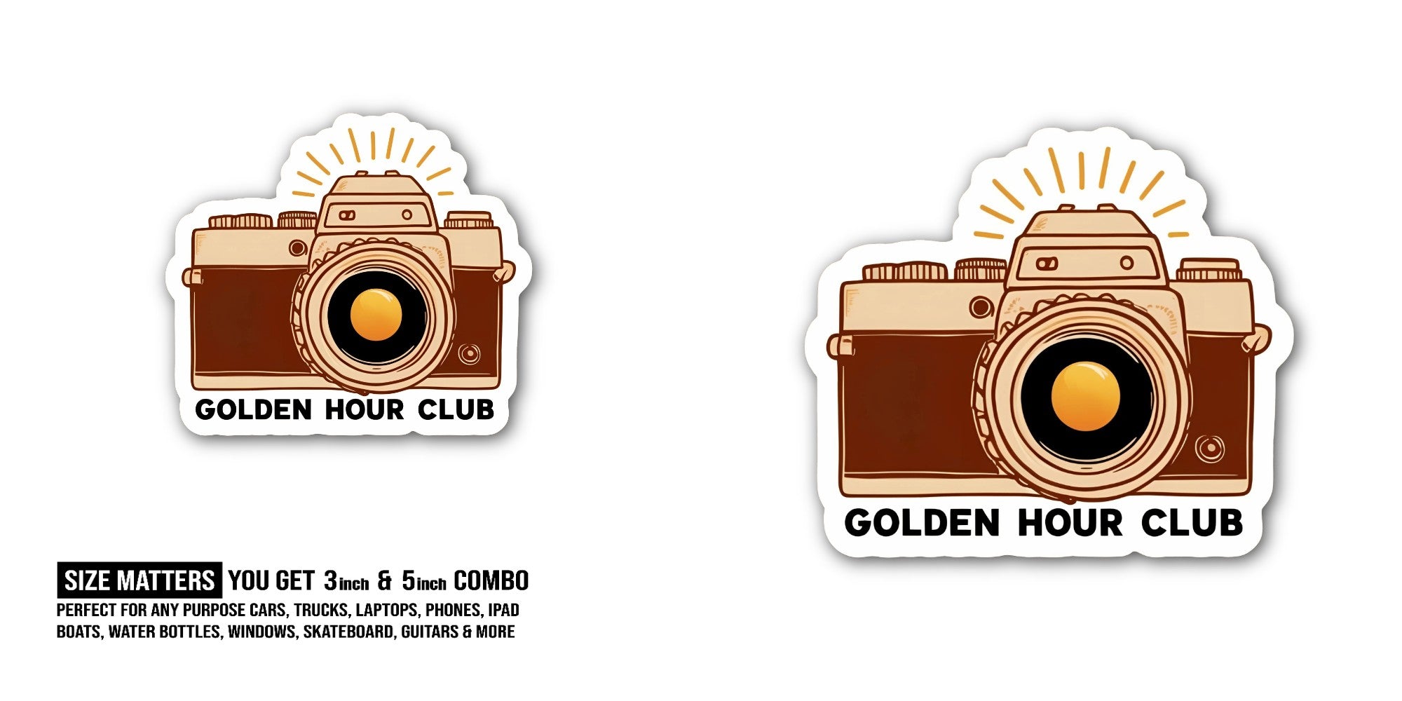 Golden Hour Club Camera Sticker, Waterproof Vinyl Decal Sticker Indoor Or Outdoor 2 (Pieces) 3" and 5"