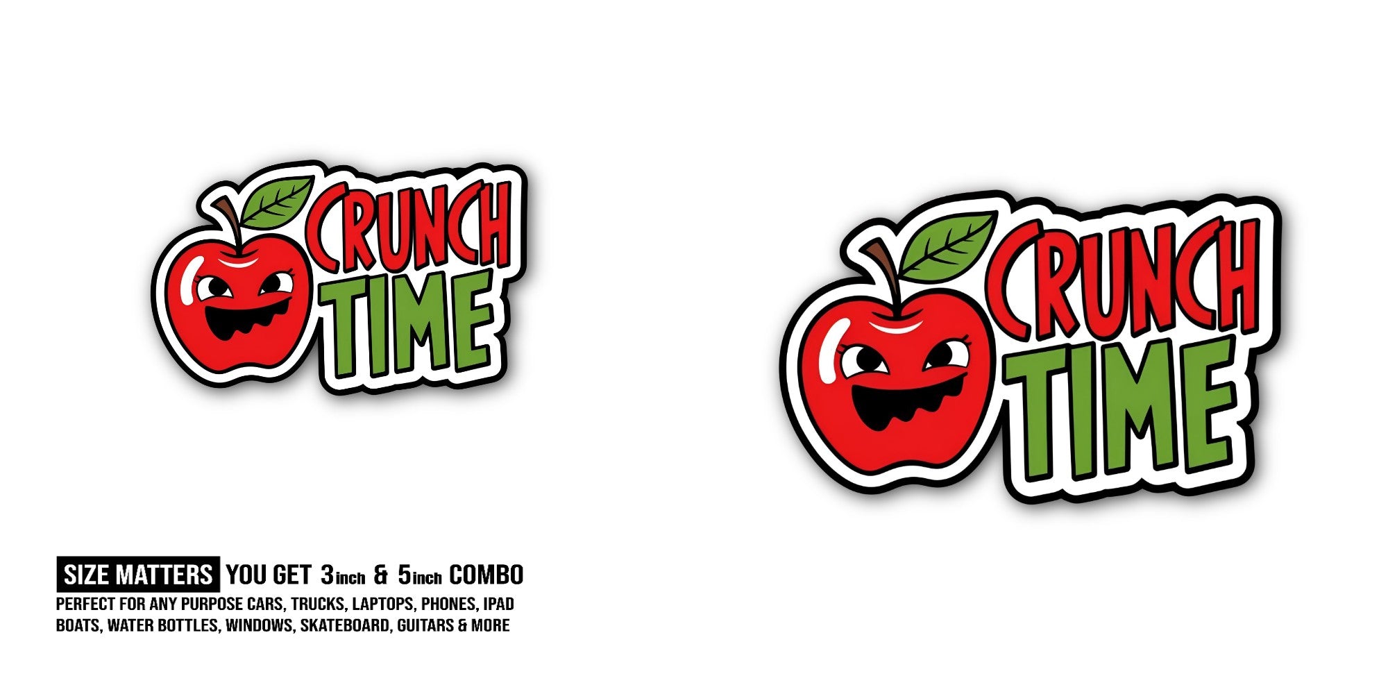 Crunch Time Apple Sticker, Waterproof Vinyl Decal Sticker Indoor Or Outdoor 2 (Pieces) 3" and 5"