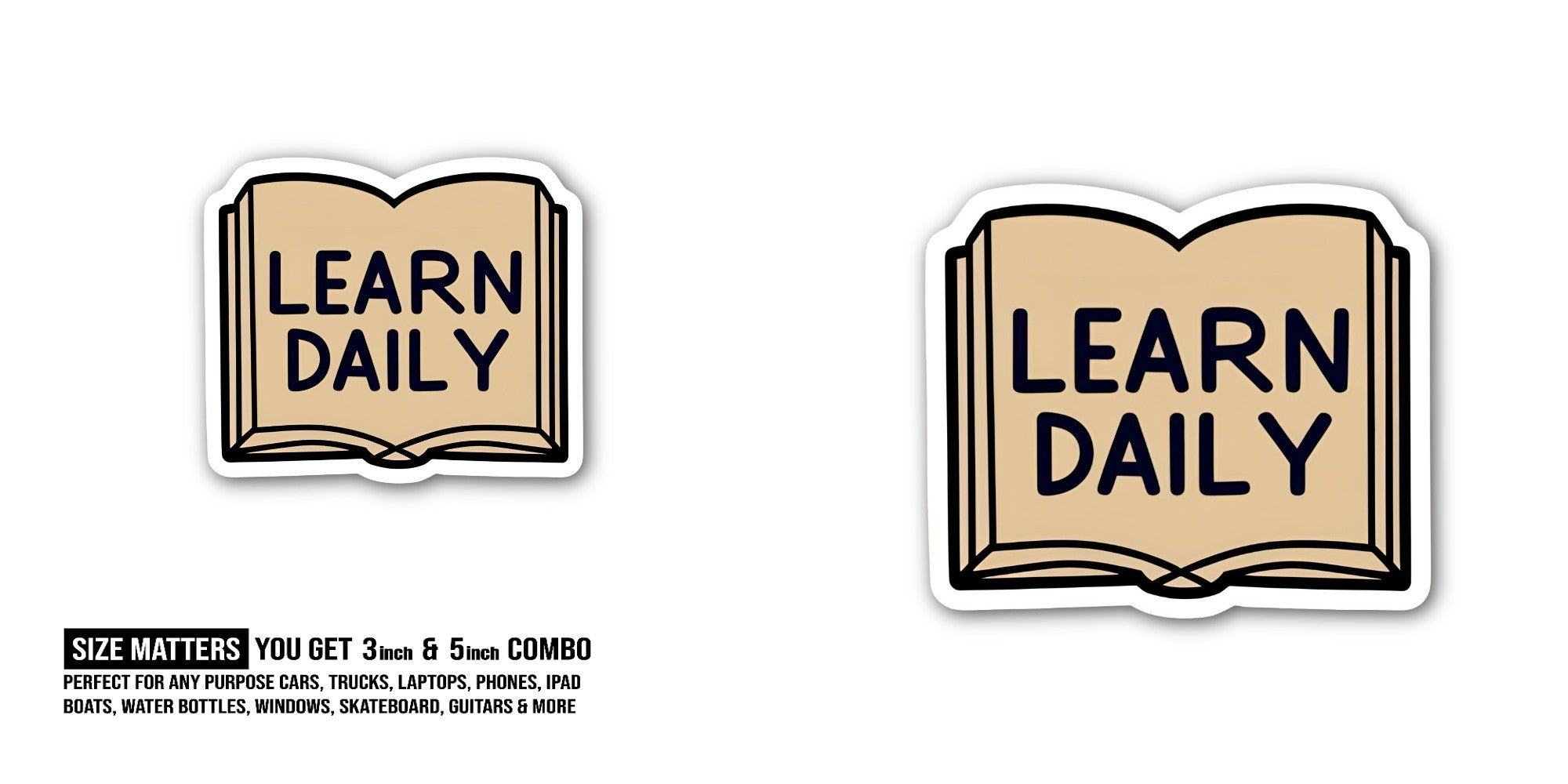 Learn Daily Book Sticker, Waterproof Vinyl Decal Sticker Indoor Or Outdoor 2 (Pieces) 3" and 5"