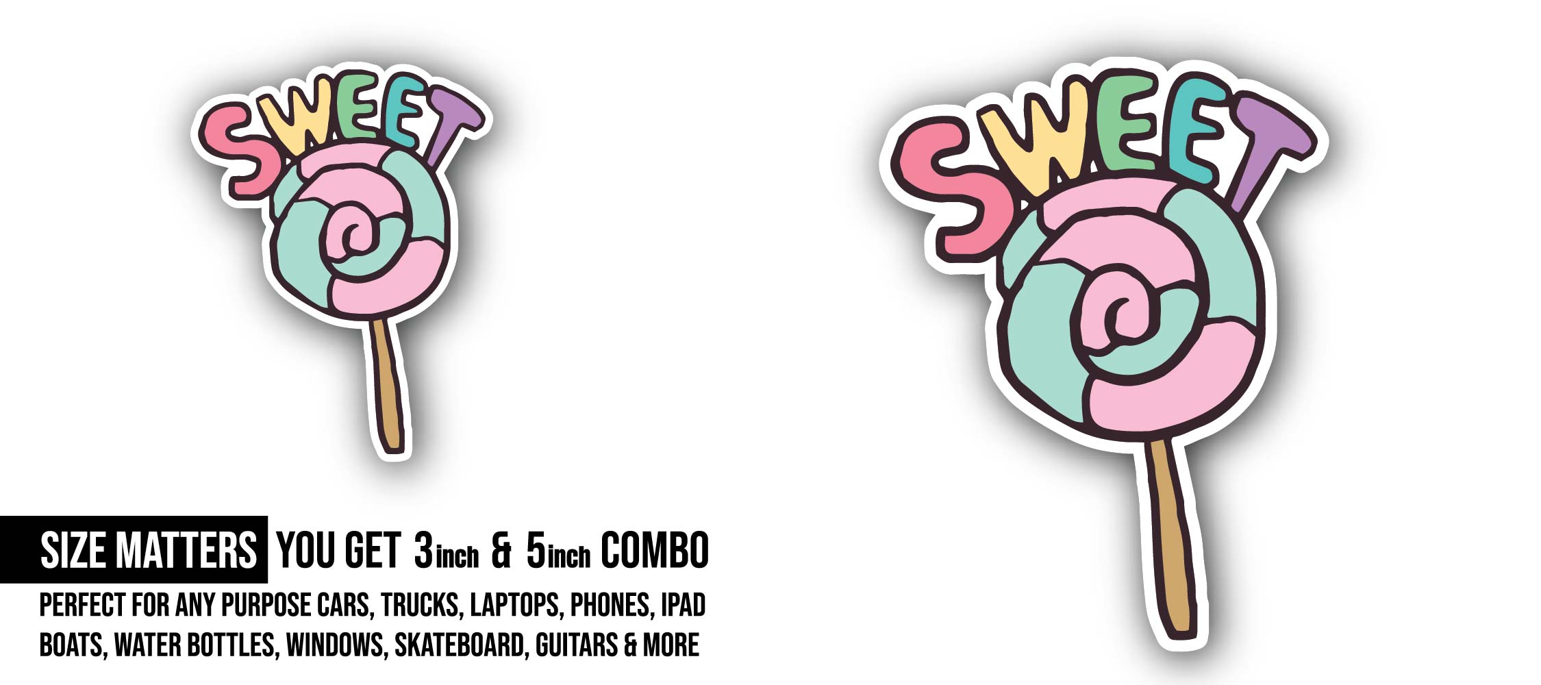 Sweet Lollipop Sticker, Waterproof Vinyl Decal Sticker Indoor Or Outdoor 2 (Pieces) 3" and 5"