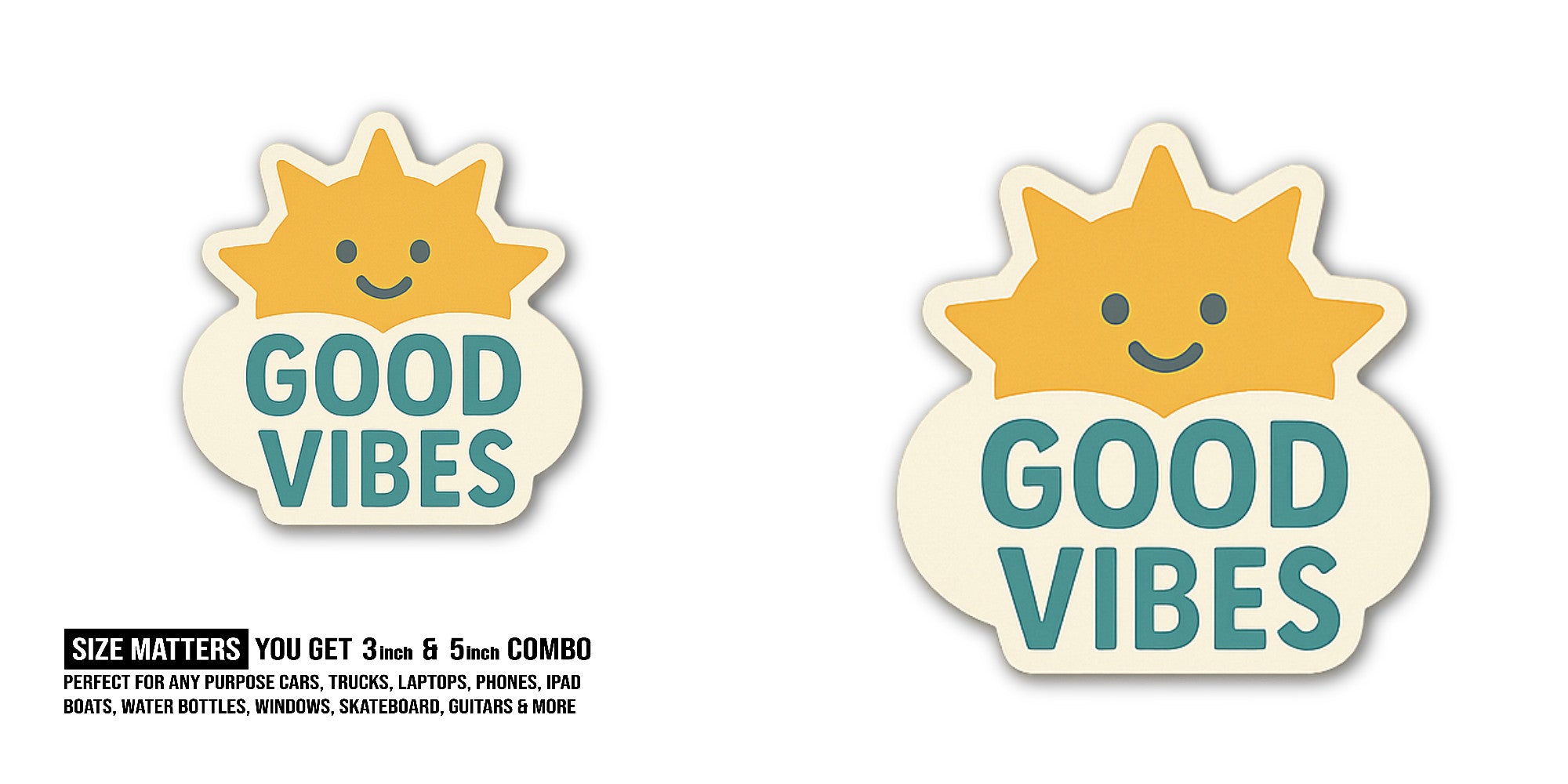 Sun & Vibes Sticker, Waterproof Vinyl Decal Sticker Indoor Or Outdoor 2 (Pieces) 3" and 5"