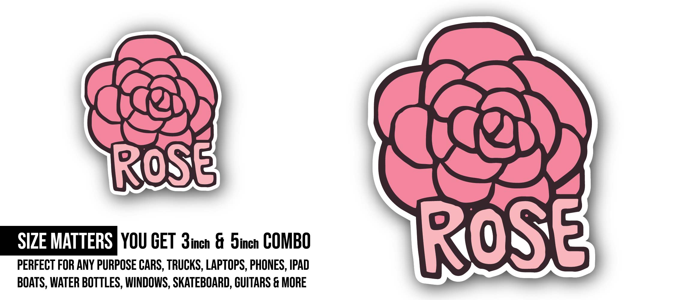 Rose Sticker, Waterproof Vinyl Decal Sticker Indoor Or Outdoor 2 (Pieces) 3" and 5"