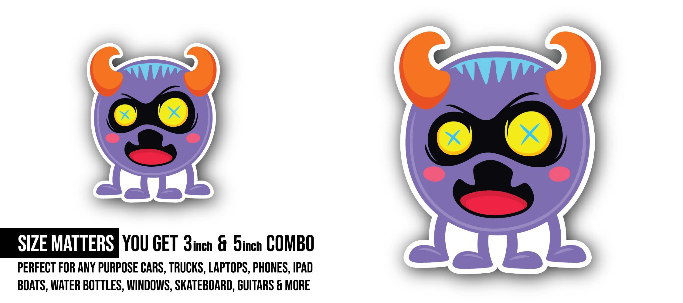 Monster Emoji Sticker, Waterproof Vinyl Decal Sticker Indoor Or Outdoor 2 (Pieces) 3" and 5"