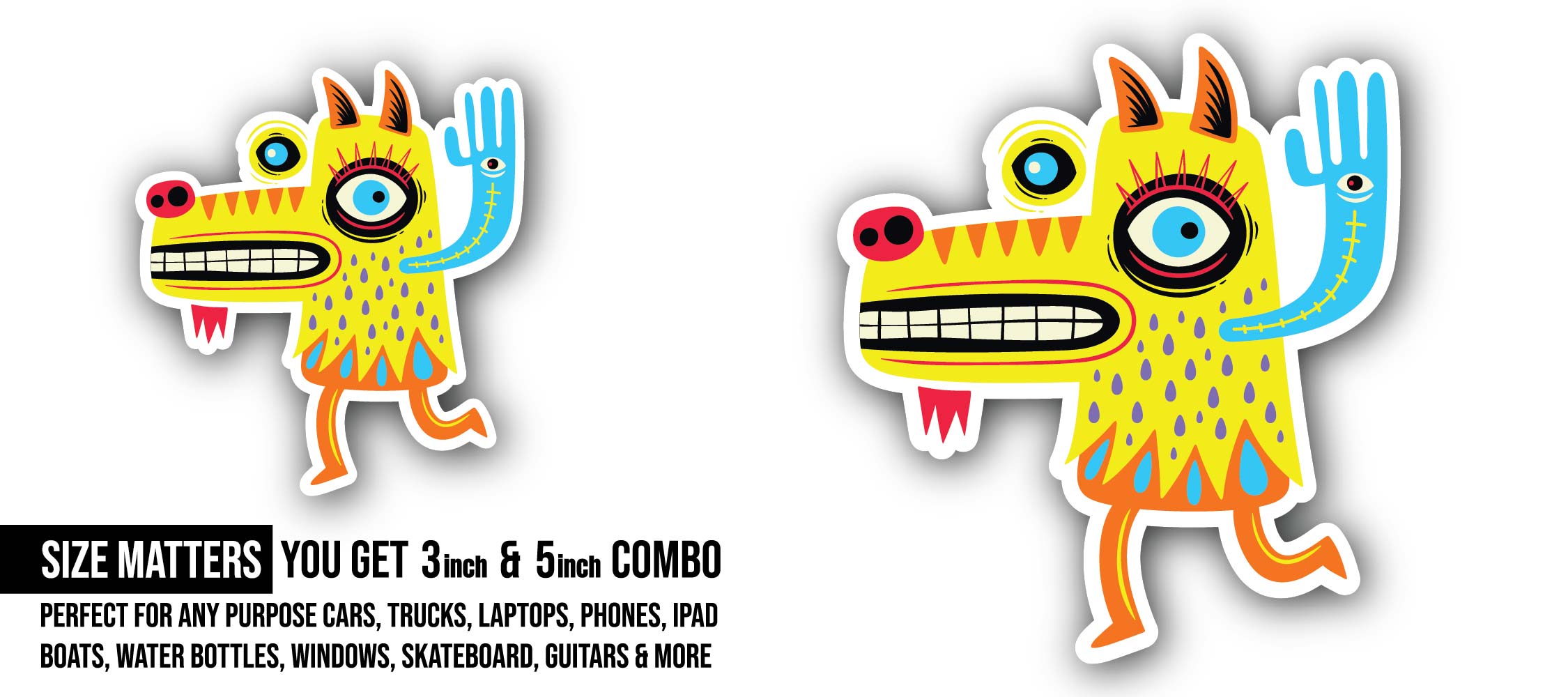 Yellow Color Monster Sticker, Waterproof Vinyl Decal Sticker Indoor Or Outdoor 2 (Pieces) 3" and 5"