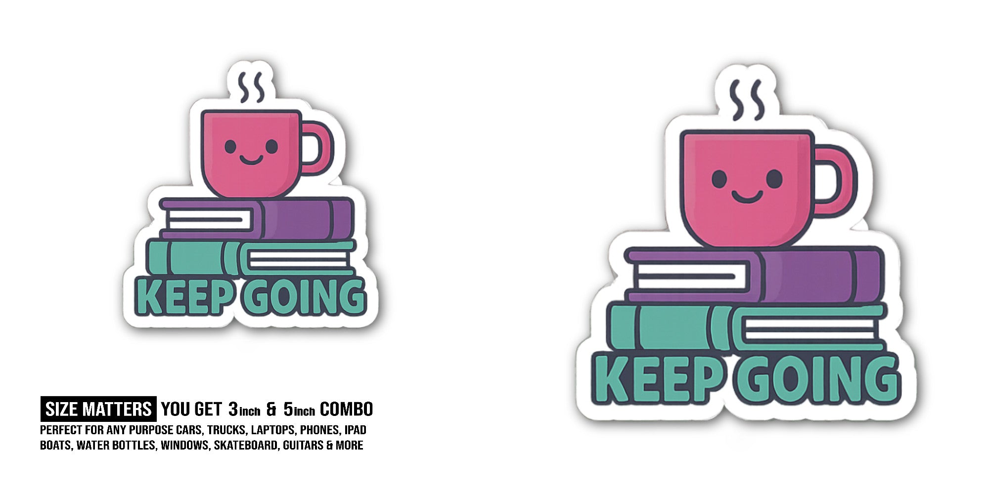 Tea Cup And Books Sticker, Waterproof Vinyl Decal Sticker Indoor Or Outdoor 2 (Pieces) 3" and 5"