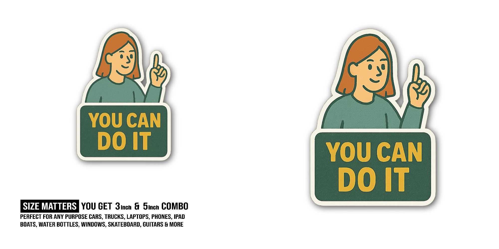 Woman, with a pointing gesture Sticker, Waterproof Vinyl Decal Sticker Indoor Or Outdoor 2 (Pieces) 3" and 5"