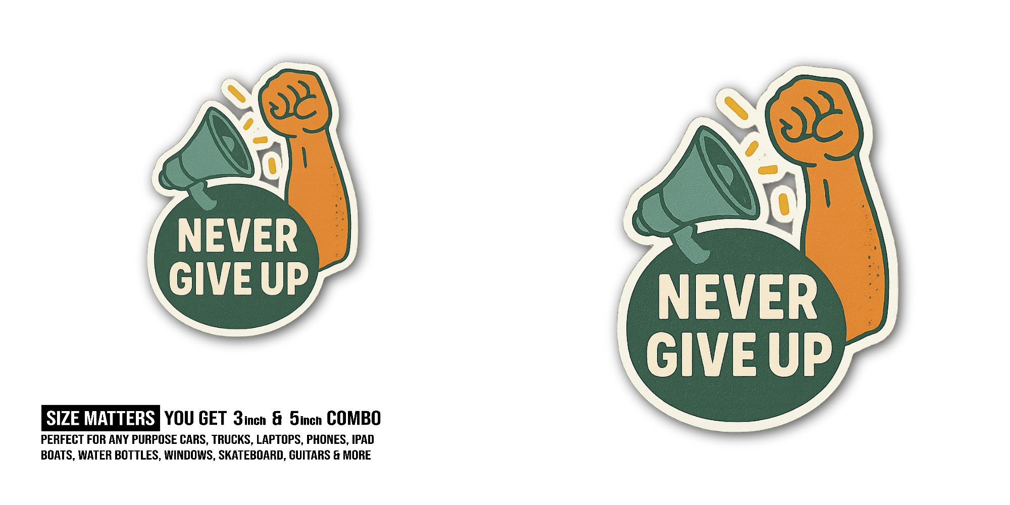 Megaphone and a raised fist Sticker, Waterproof Vinyl Decal Sticker Indoor Or Outdoor 2 (Pieces) 3" and 5"