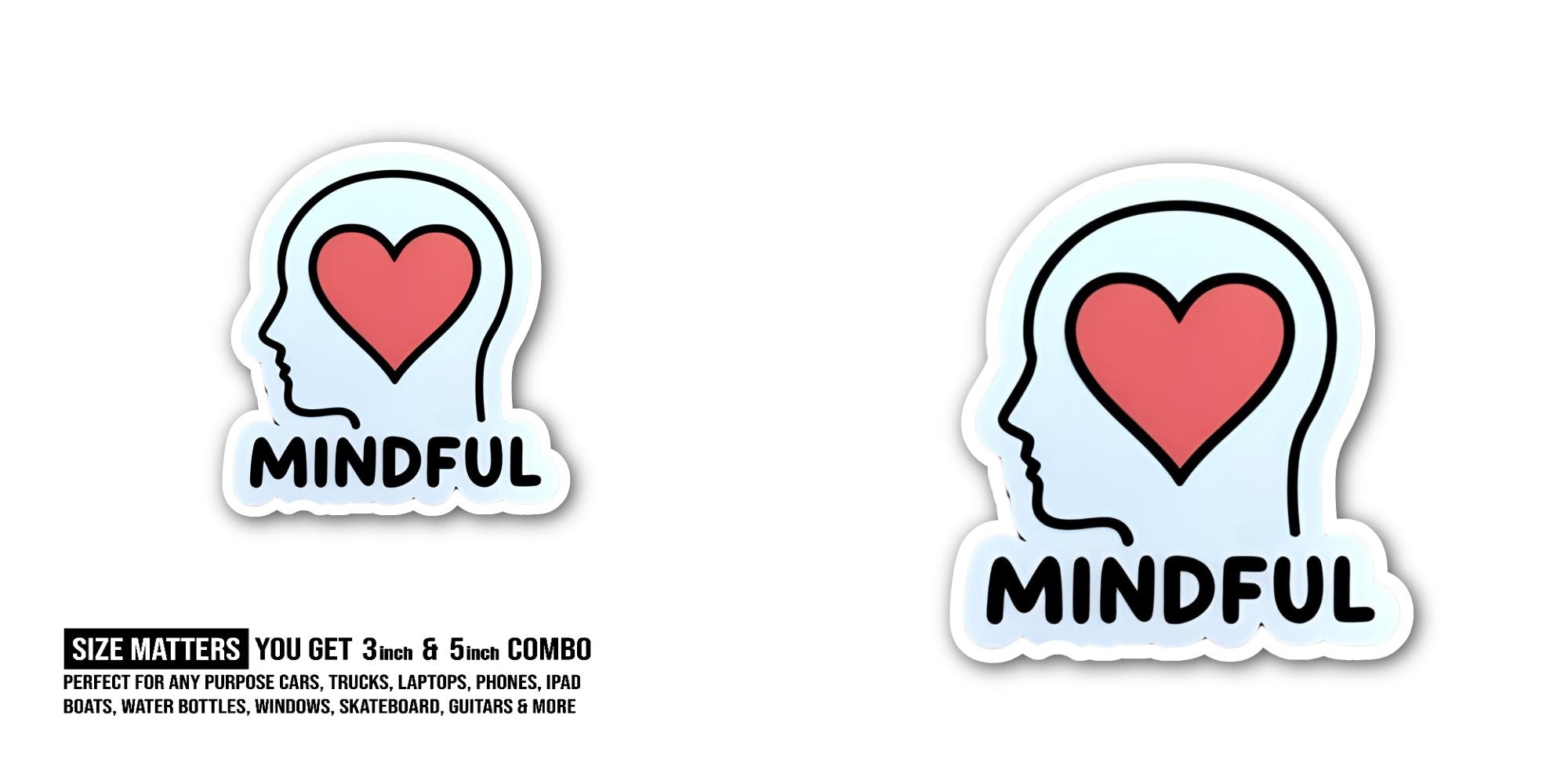 MINDFUL Red Heart Sticker, Waterproof Vinyl Decal Sticker Indoor Or Outdoor 2 (Pieces) 3" and 5