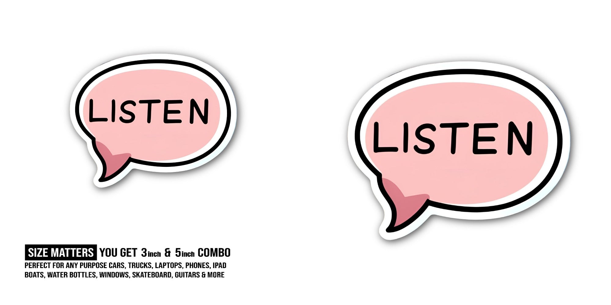 LISTEN Pink Massage Sticker, Waterproof Vinyl Decal Sticker Indoor Or Outdoor 2 (Pieces) 3" and 5"