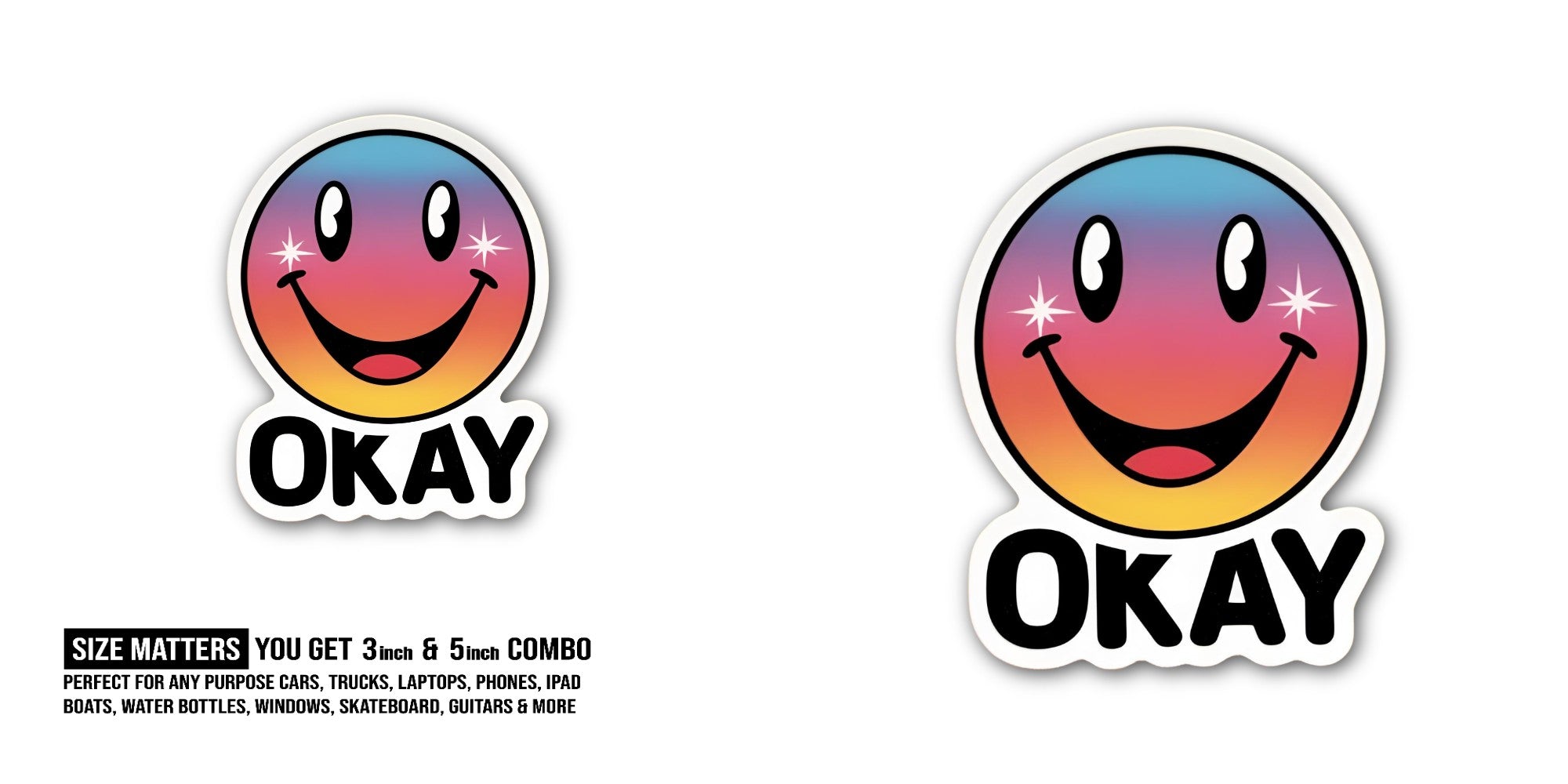 Colourful Smile Face Sticker, Waterproof Vinyl Decal Sticker Indoor Or Outdoor 2 (Pieces) 3" and 5"