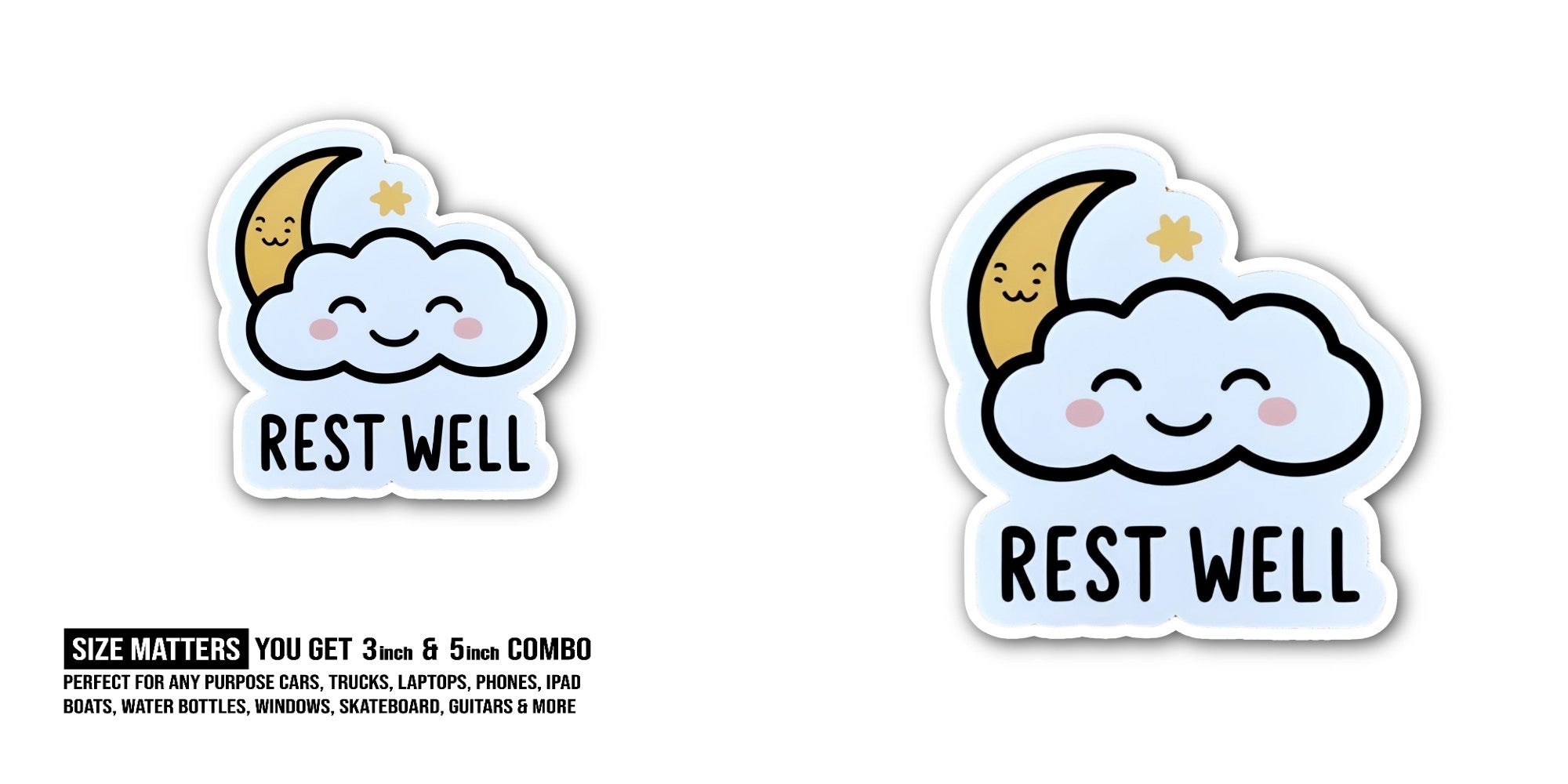 REST WELL Cute Moon & Cloud Sticker, Waterproof Vinyl Decal Sticker Indoor Or Outdoor 2 (Pieces) 3" and 5"
