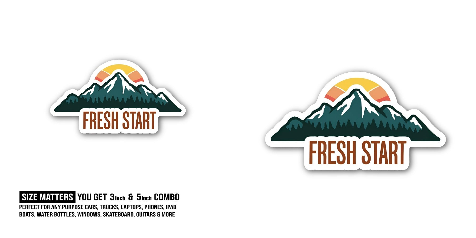 Fresh Start Sunset Sticker, Waterproof Vinyl Decal Sticker Indoor Or Outdoor 2 (Pieces) 3" and 5"