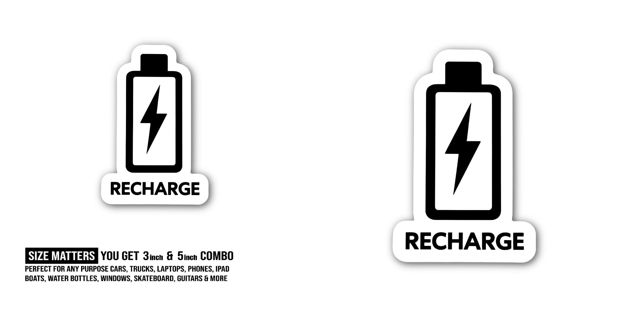Recharge Battery Sticker, Waterproof Vinyl Decal Sticker Indoor Or Outdoor 2 (Pieces) 3" and 5"
