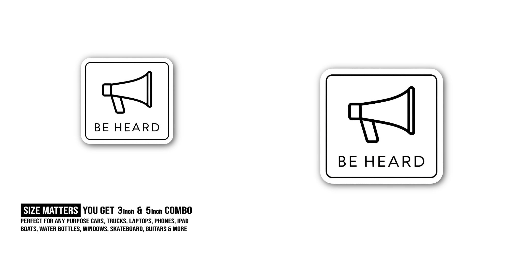 BE HEARD & speaker Sticker, Waterproof Vinyl Decal Sticker Indoor Or Outdoor 2 (Pieces) 3" and 5"