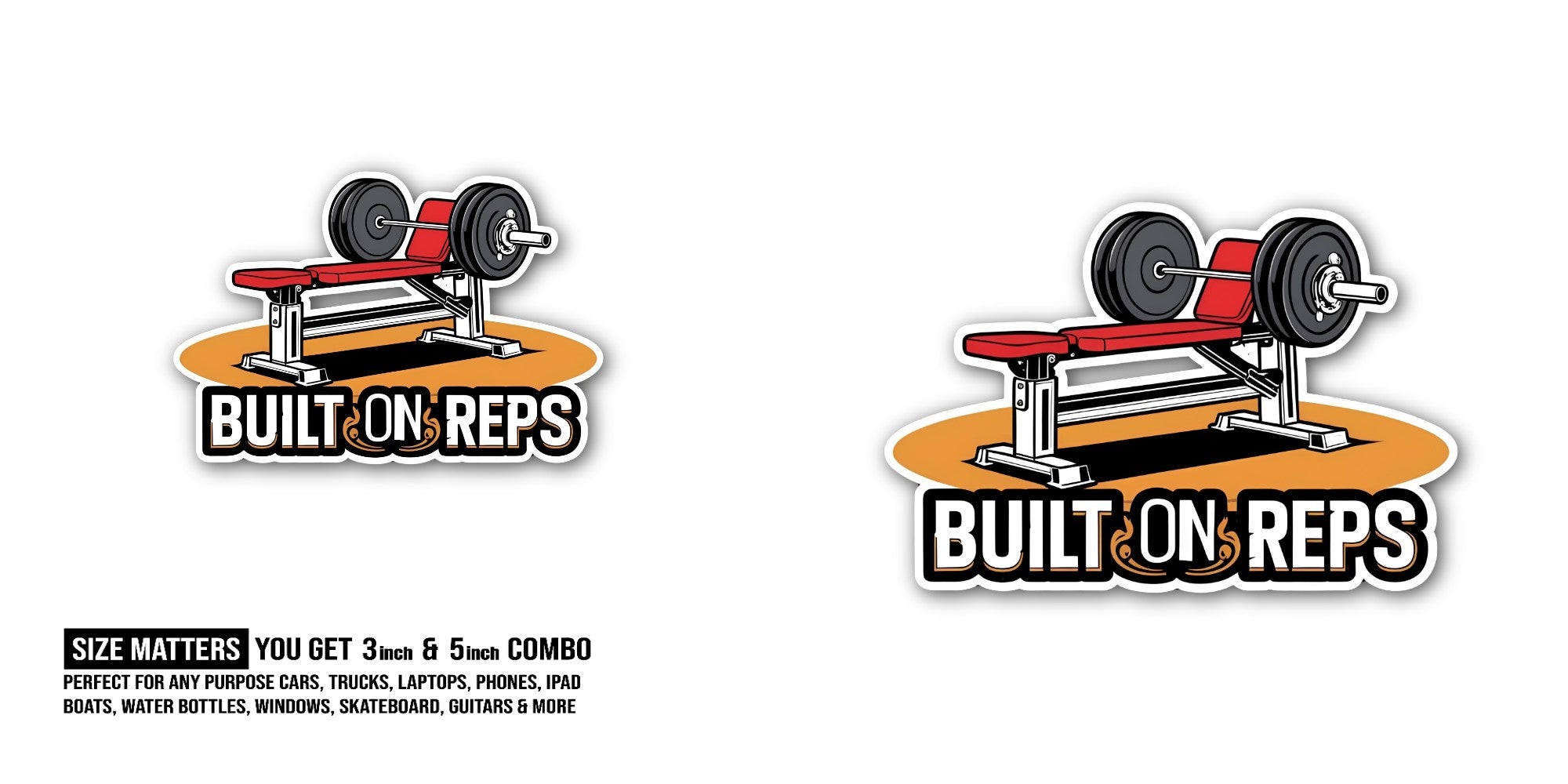 BUILT ON REPS Sticker, Waterproof Vinyl Decal Sticker Indoor Or Outdoor 2 (Pieces) 3" and 5"