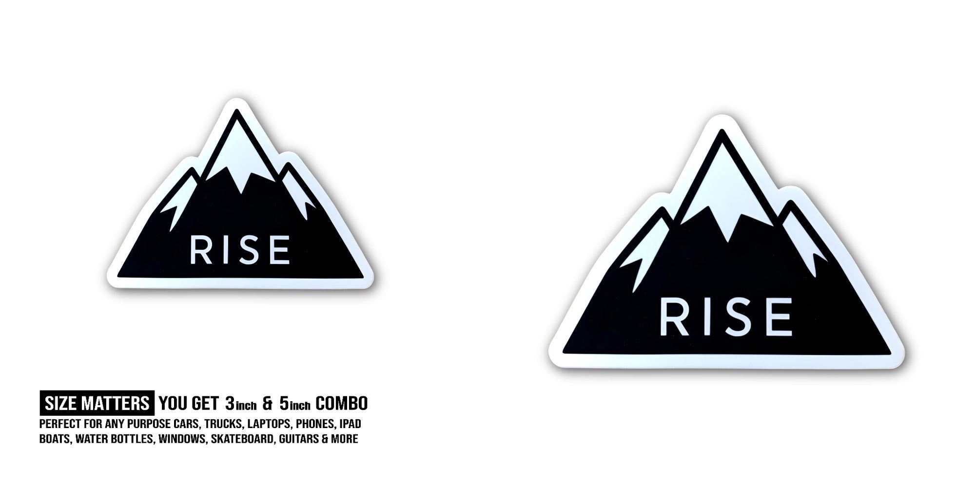 RISE Hiking Mountains Sticker, Waterproof Vinyl Decal Sticker Indoor Or Outdoor 2 (Pieces) 3" and 5"