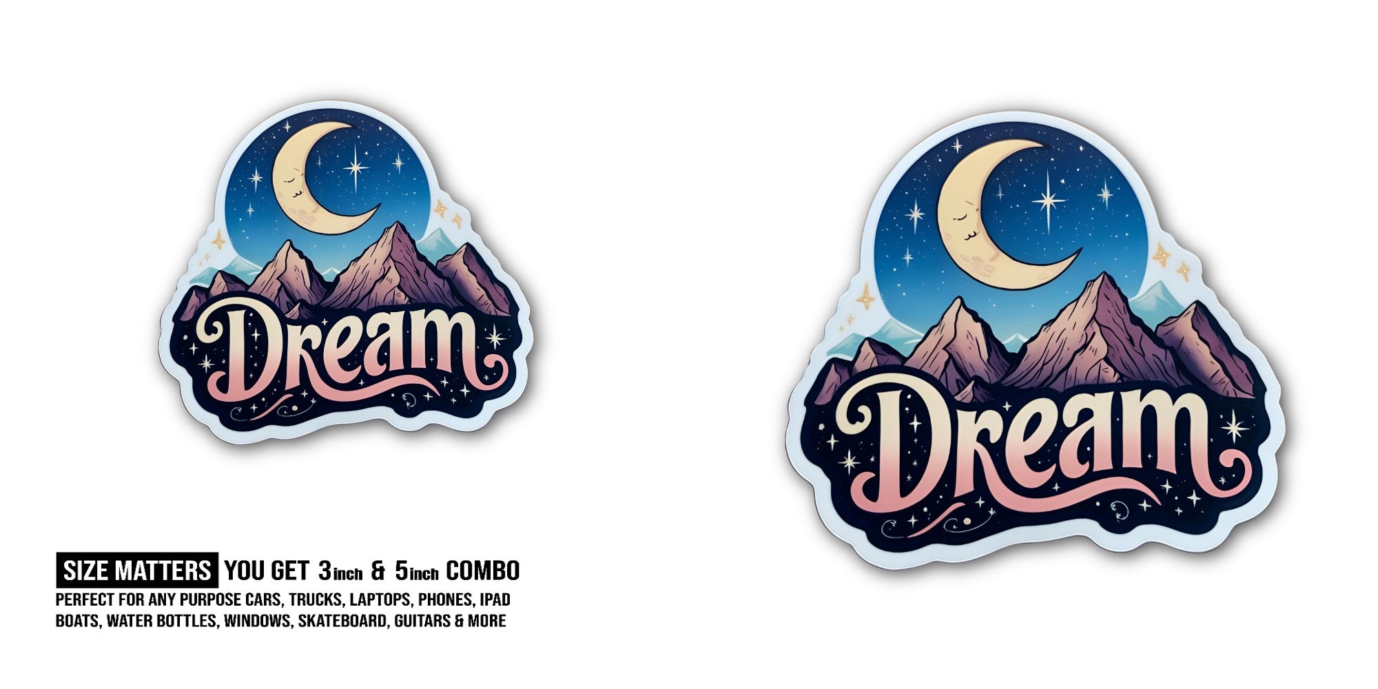 DREAM Colourful Mountain & moon Sticker, Waterproof Vinyl Decal Sticker Indoor Or Outdoor 2 (Pieces) 3" and 5"