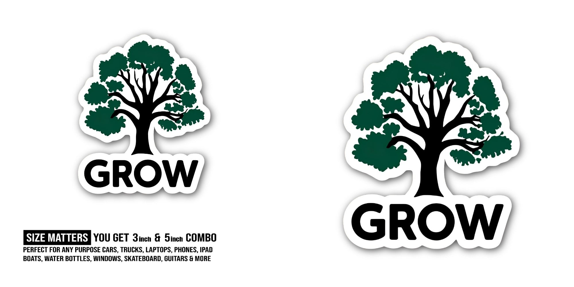 GROW Green Colour Tree Sticker, Waterproof Vinyl Decal Sticker Indoor Or Outdoor 2 (Pieces) 3" and 5"
