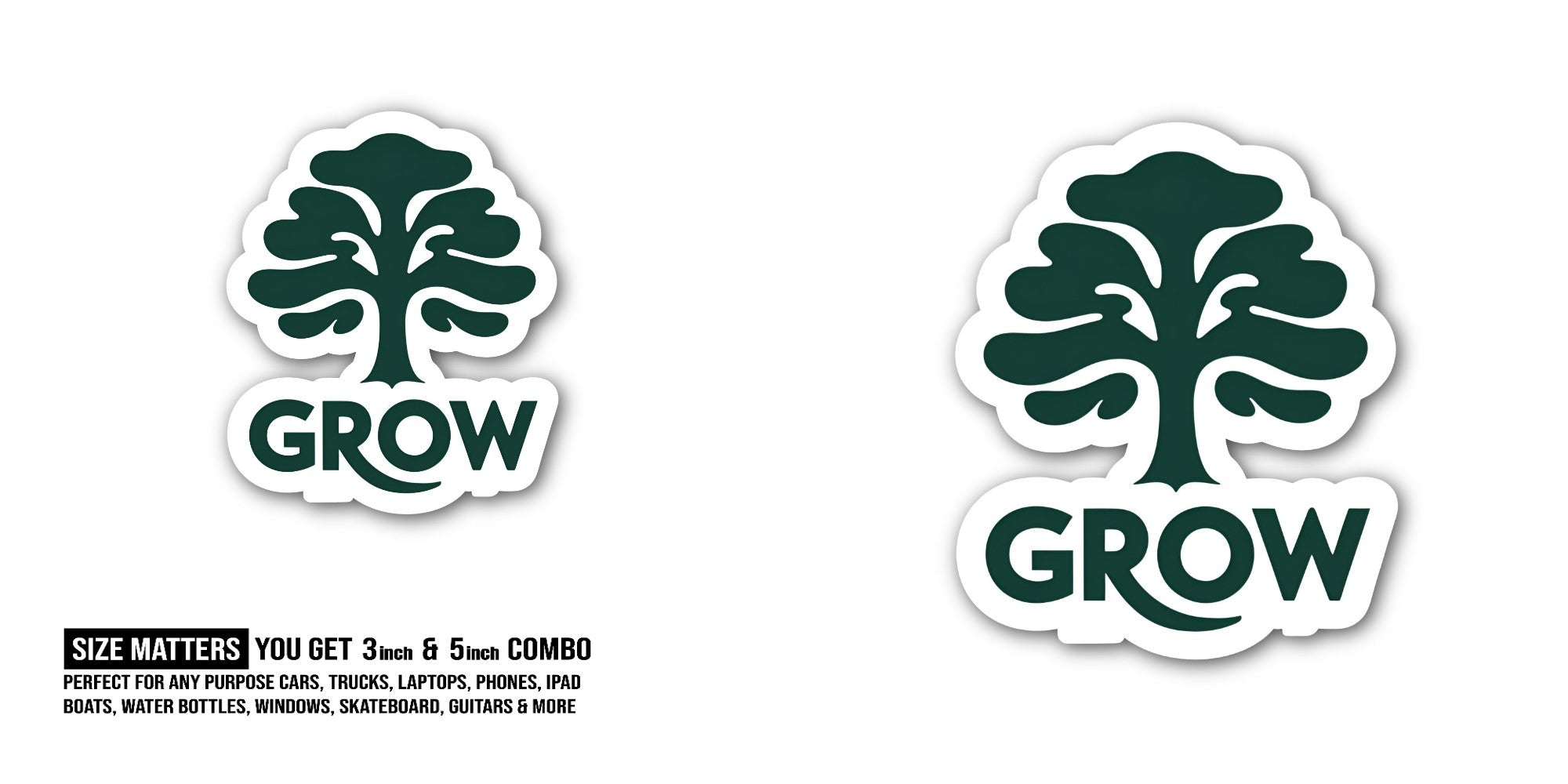 GROW Green Cute Tree Sticker, Waterproof Vinyl Decal Sticker Indoor Or Outdoor 2 (Pieces) 3" and 5"