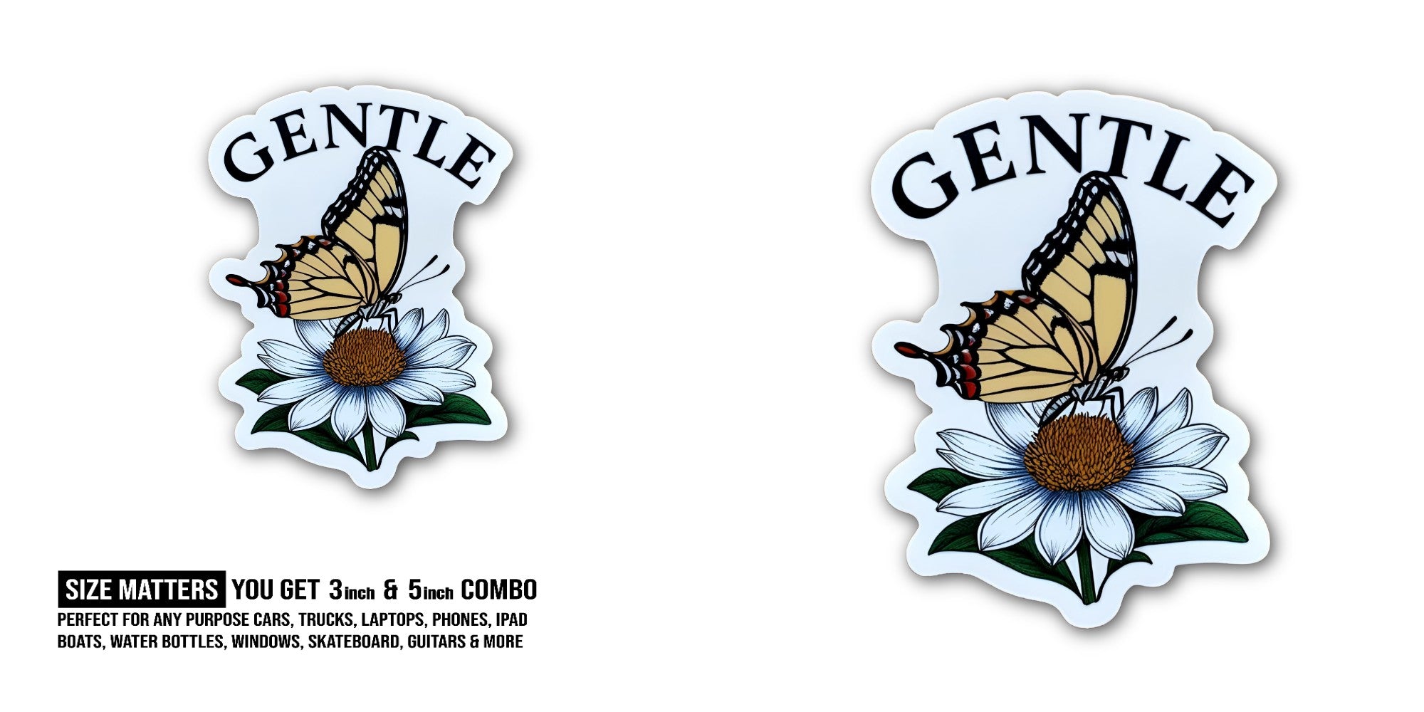 GENTLE Yellow Butterfly Sticker, Waterproof Vinyl Decal Sticker Indoor Or Outdoor 2 (Pieces) 3" and 5"