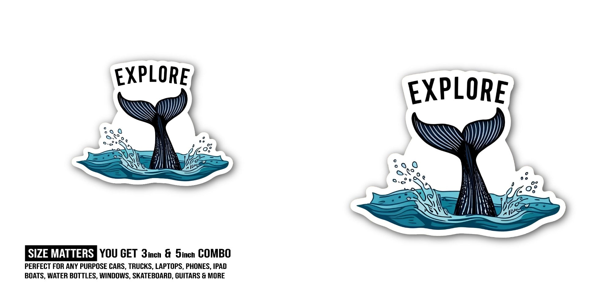 EXPLORE Cute Whale Tail Sticker, Waterproof Vinyl Decal Sticker Indoor Or Outdoor 2 (Pieces) 3" and 5"