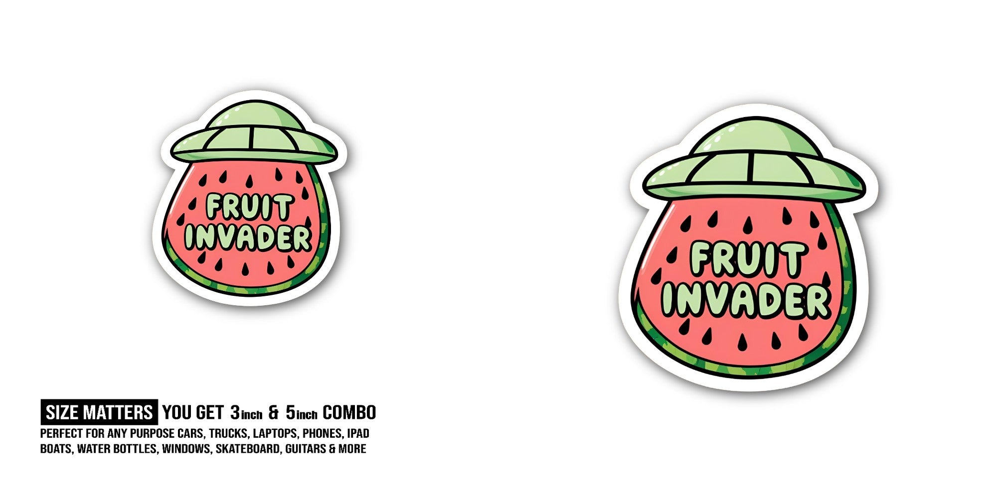 Funny FRUIT INVADER Sticker, Waterproof Vinyl Decal Sticker Indoor Or Outdoor 2 (Pieces) 3" and 5"