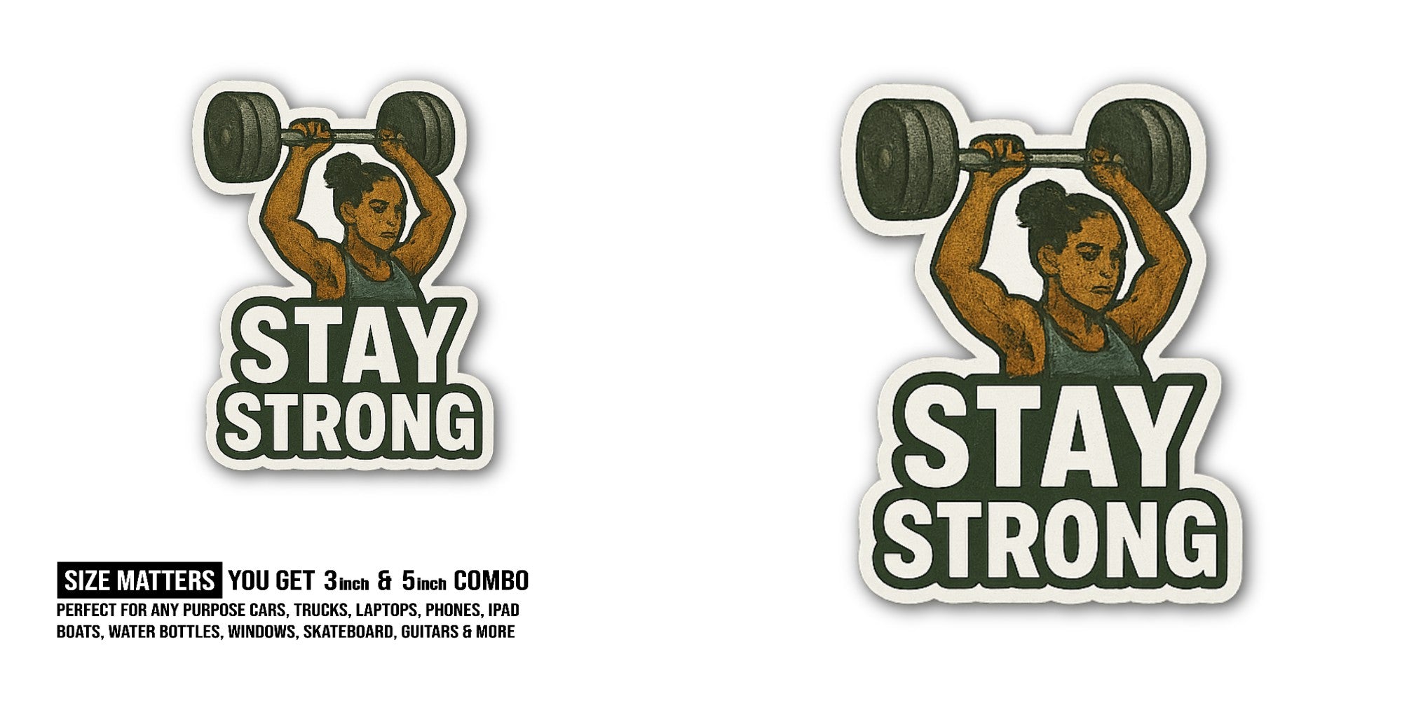 STAY STRONG Gym Girl Sticker, Waterproof Vinyl Decal Sticker Indoor Or Outdoor 2 (Pieces) 3" and 5"