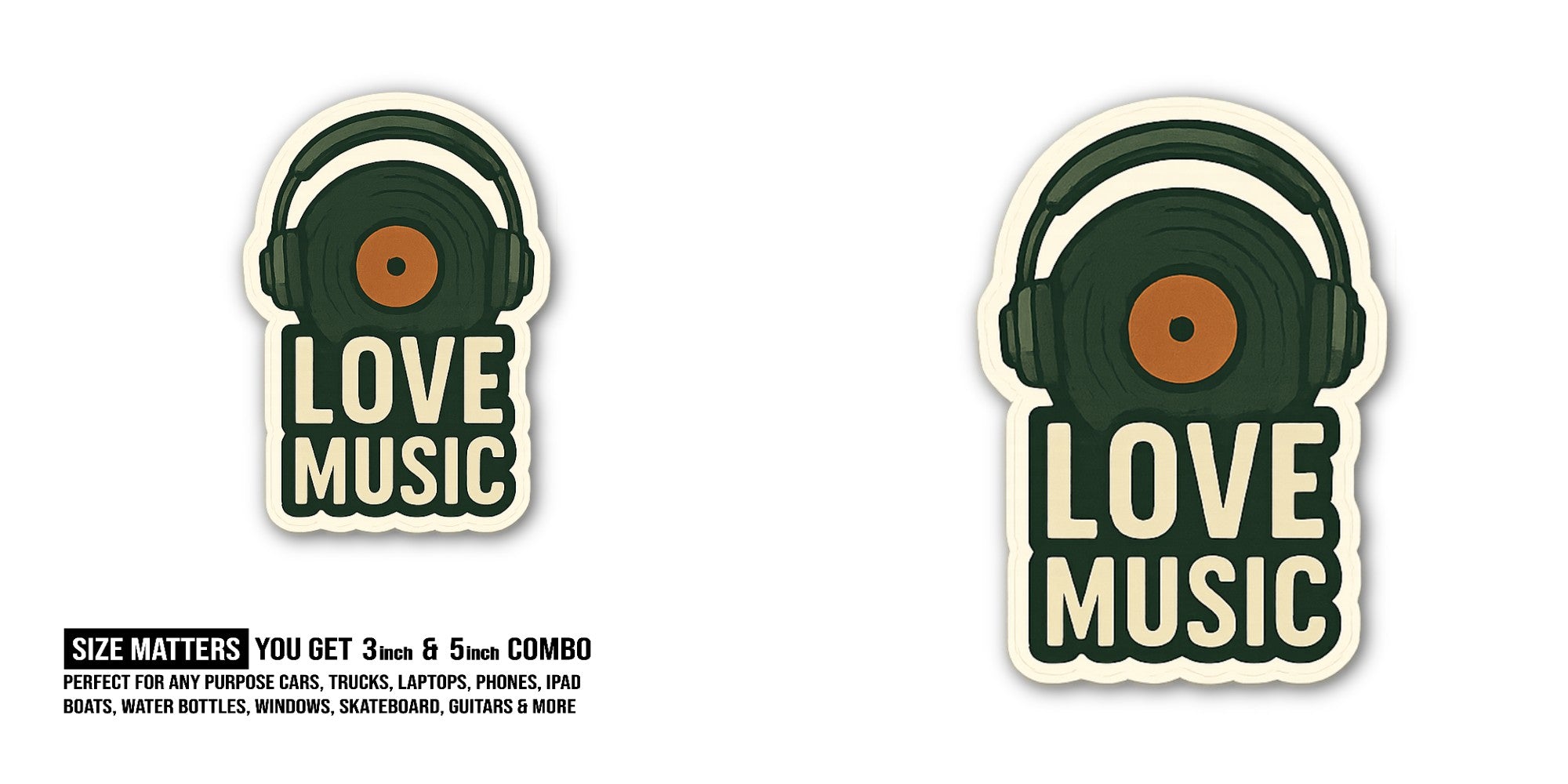 LOVE MUSIC Sticker, Waterproof Vinyl Decal Sticker Indoor Or Outdoor 2 (Pieces) 3" and 5"