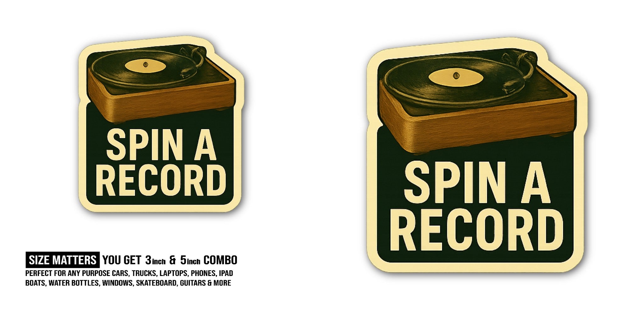 SPIN A RECORD Sticker, Waterproof Vinyl Decal Sticker Indoor Or Outdoor 2 (Pieces) 3" and 5"