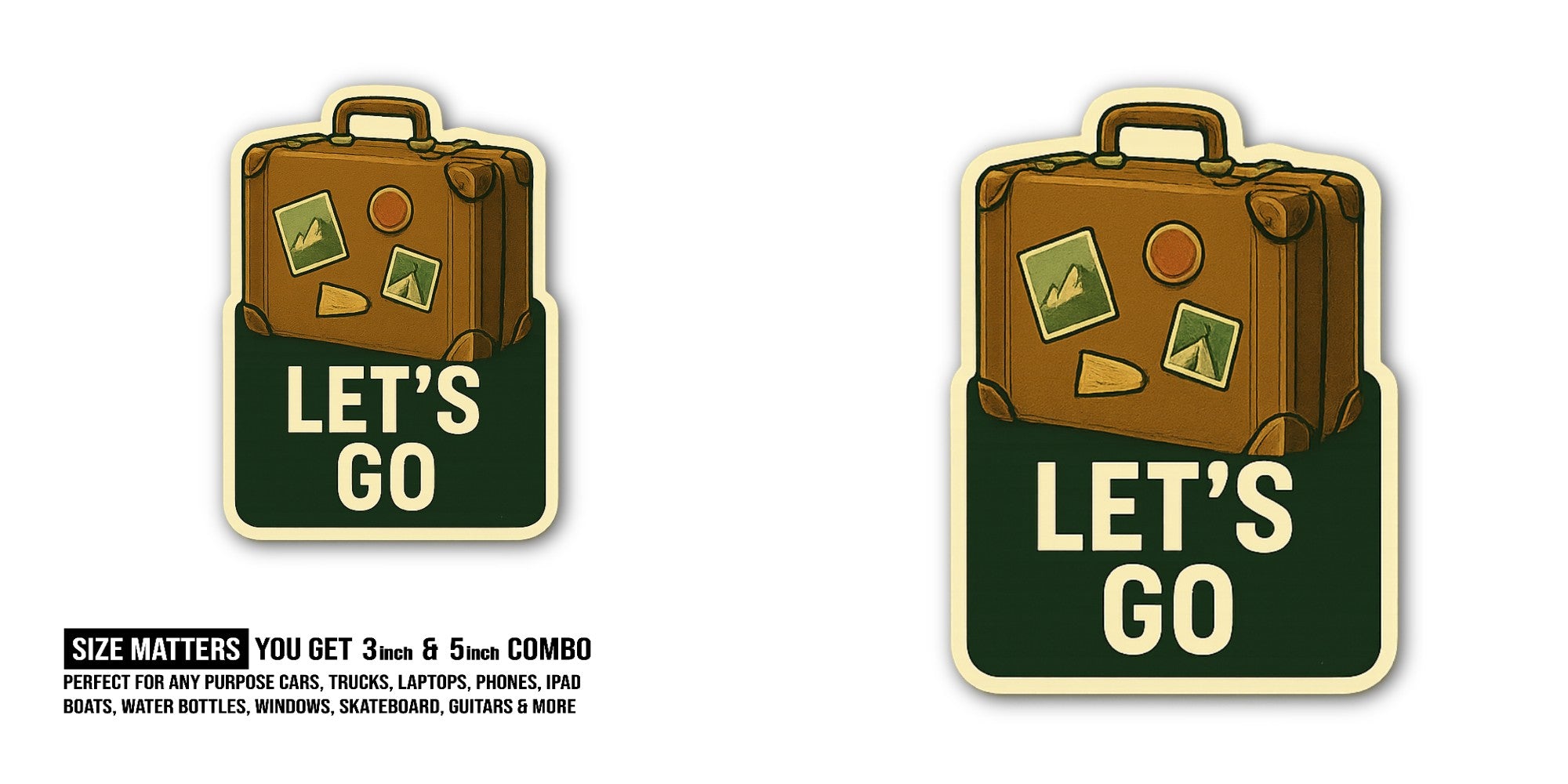 LET'S GO & LUGGAGE Sticker, Waterproof Vinyl Decal Sticker Indoor Or Outdoor 2 (Pieces) 3" and 5"