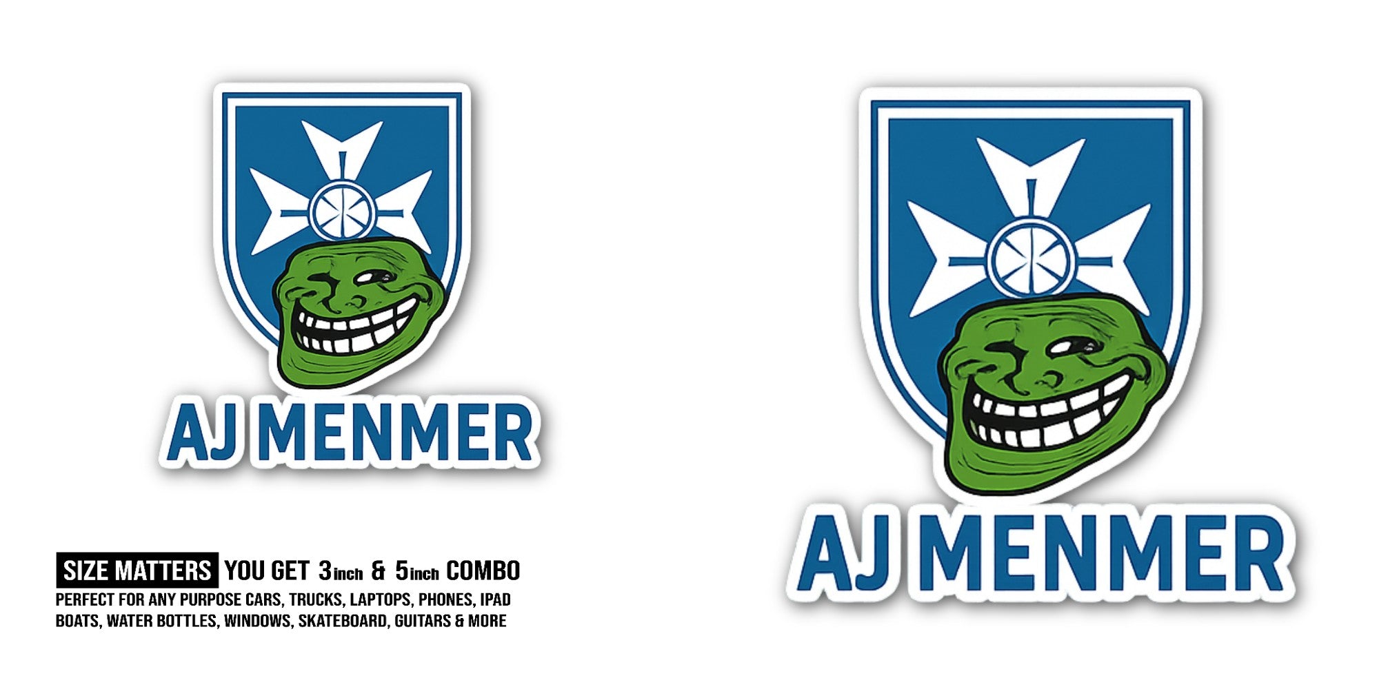 Blue Colour AJ MENMER Sticker, Waterproof Vinyl Decal Sticker Indoor Or Outdoor 2 (Pieces) 3" and 5"
