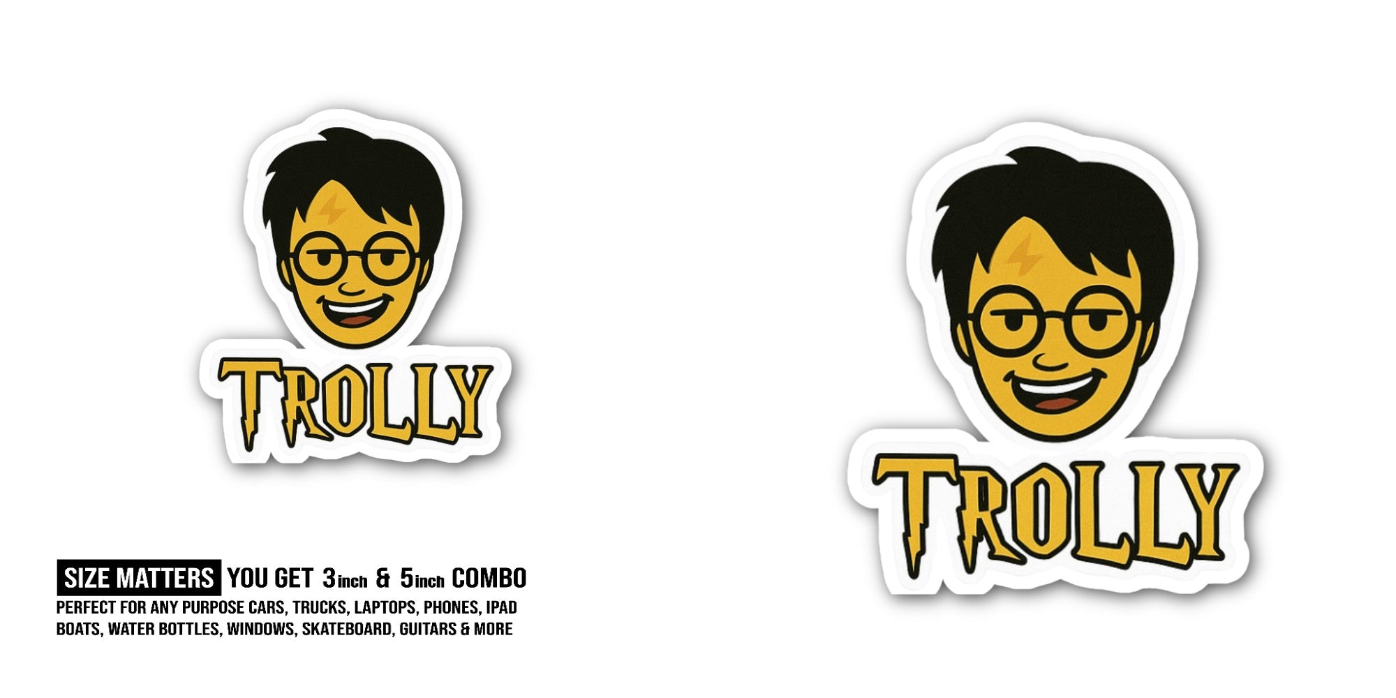 Yellow Funny Man Face With TROLLY Sticker, Waterproof Vinyl Decal Sticker Indoor Or Outdoor 2 (Pieces) 3" and 5"