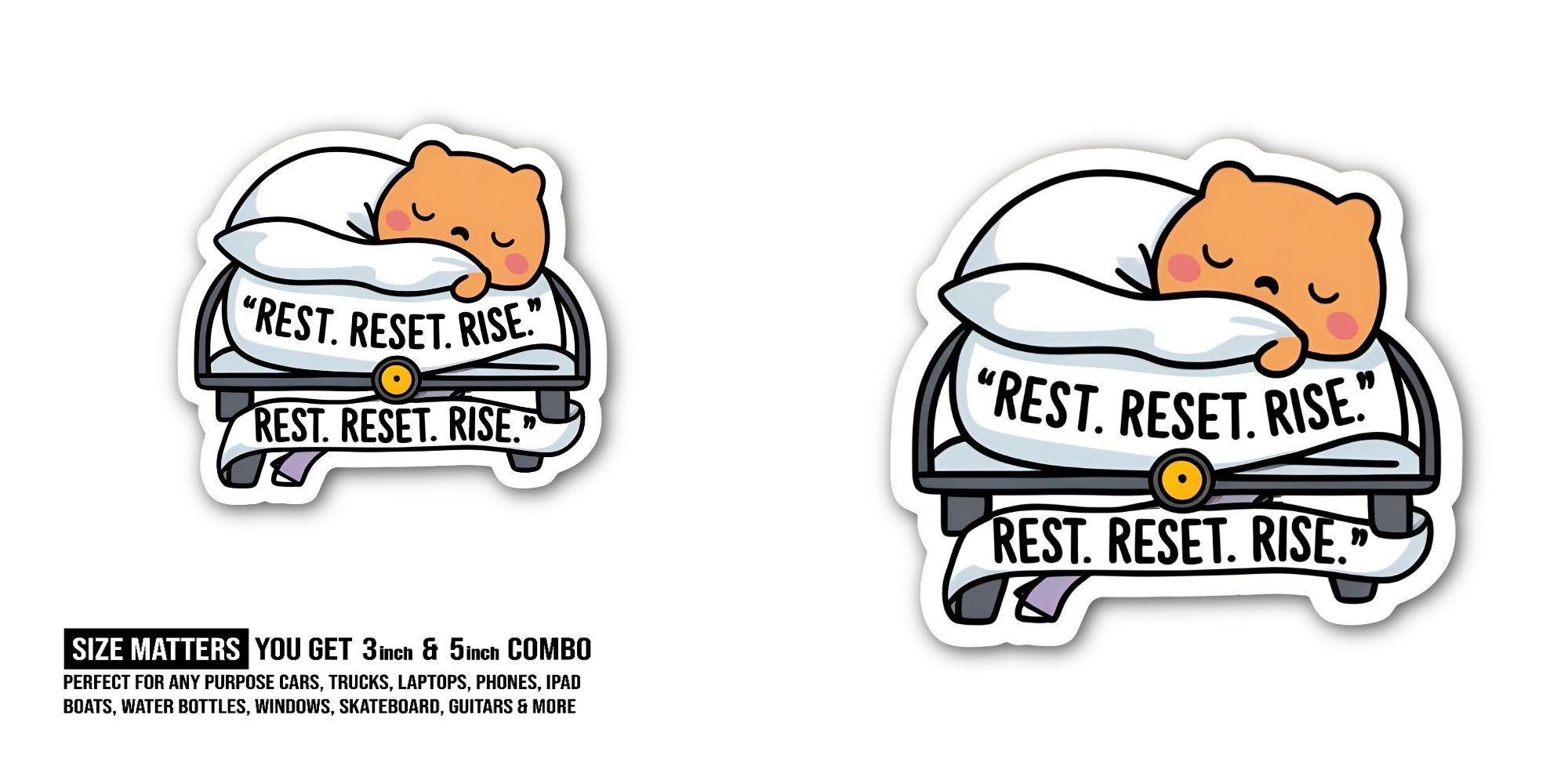REST. RESET. RISE Sticker, Waterproof Vinyl Decal Sticker Indoor Or Outdoor 2 (Pieces) 3" and 5"