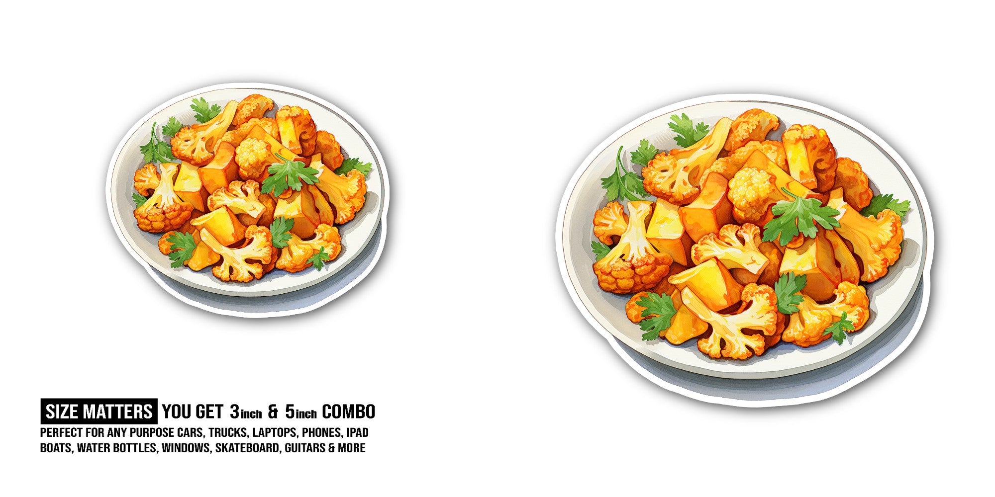 Cauliflower curry Sticker, Waterproof Vinyl Decal Sticker Indoor Or Outdoor 2 (Pieces) 3" and 5"