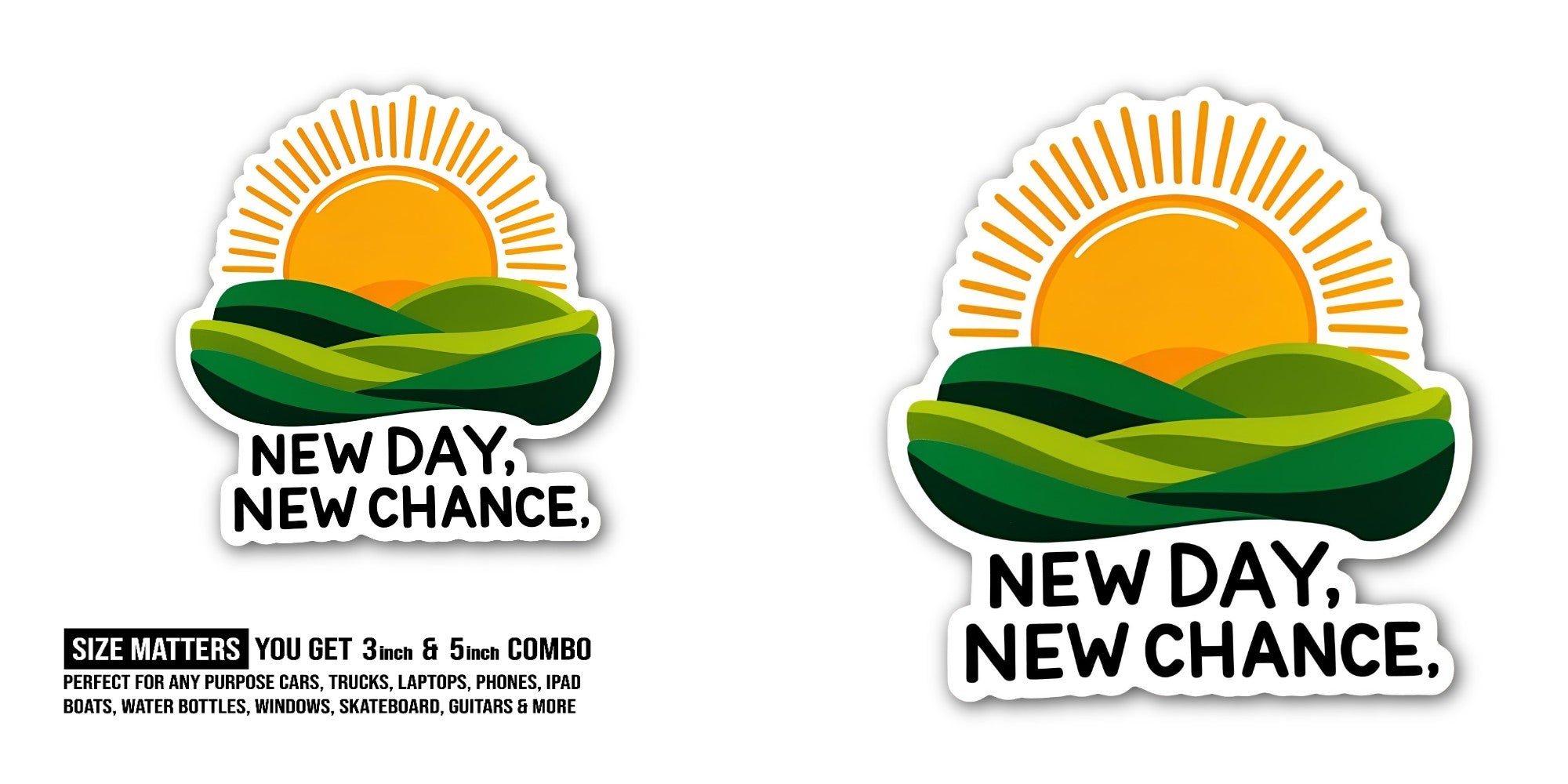 NEW DAY NEW CHANCE Sticker, Waterproof Vinyl Decal Sticker Indoor Or Outdoor 2 (Pieces) 3" and 5"