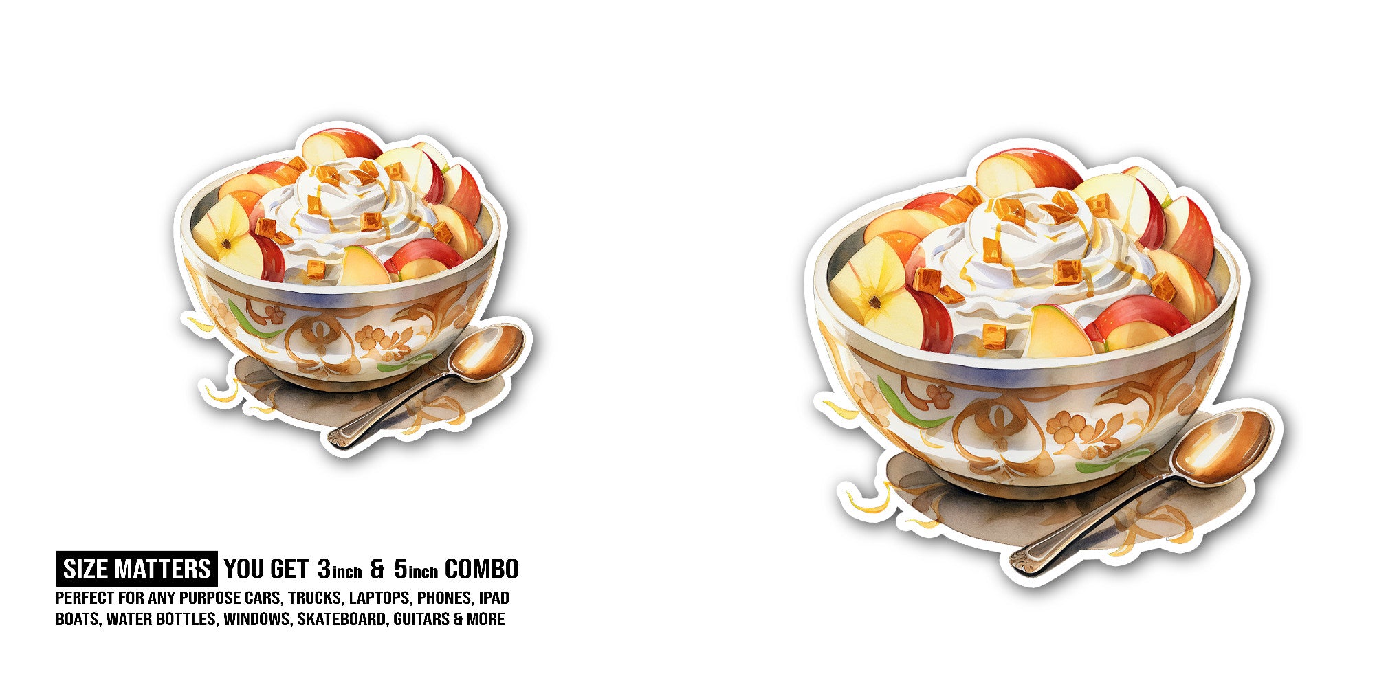 BOWL OF ICE CREAM WITH CARAMEL SAUCE Sticker, Waterproof Vinyl Decal Sticker Indoor Or Outdoor 2 (Pieces) 3" and 5"