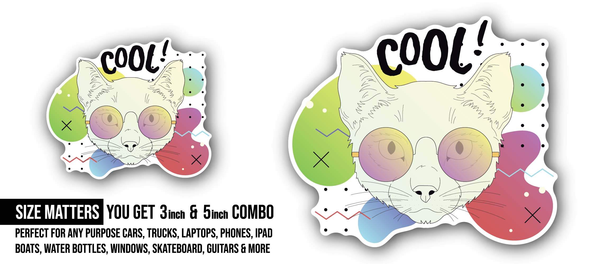 Cool Cat Sticker, Waterproof Vinyl Decal Sticker Indoor Or Outdoor 2 (Pieces) 3" and 5"