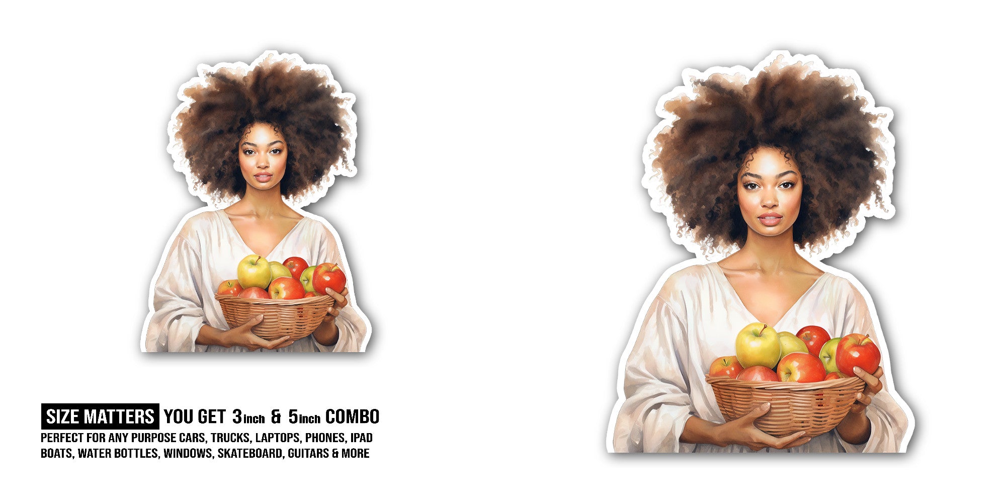 BEAUTIFUL GIRL & APPLE Sticker, Waterproof Vinyl Decal Sticker Indoor Or Outdoor 2 (Pieces) 3" and 5"
