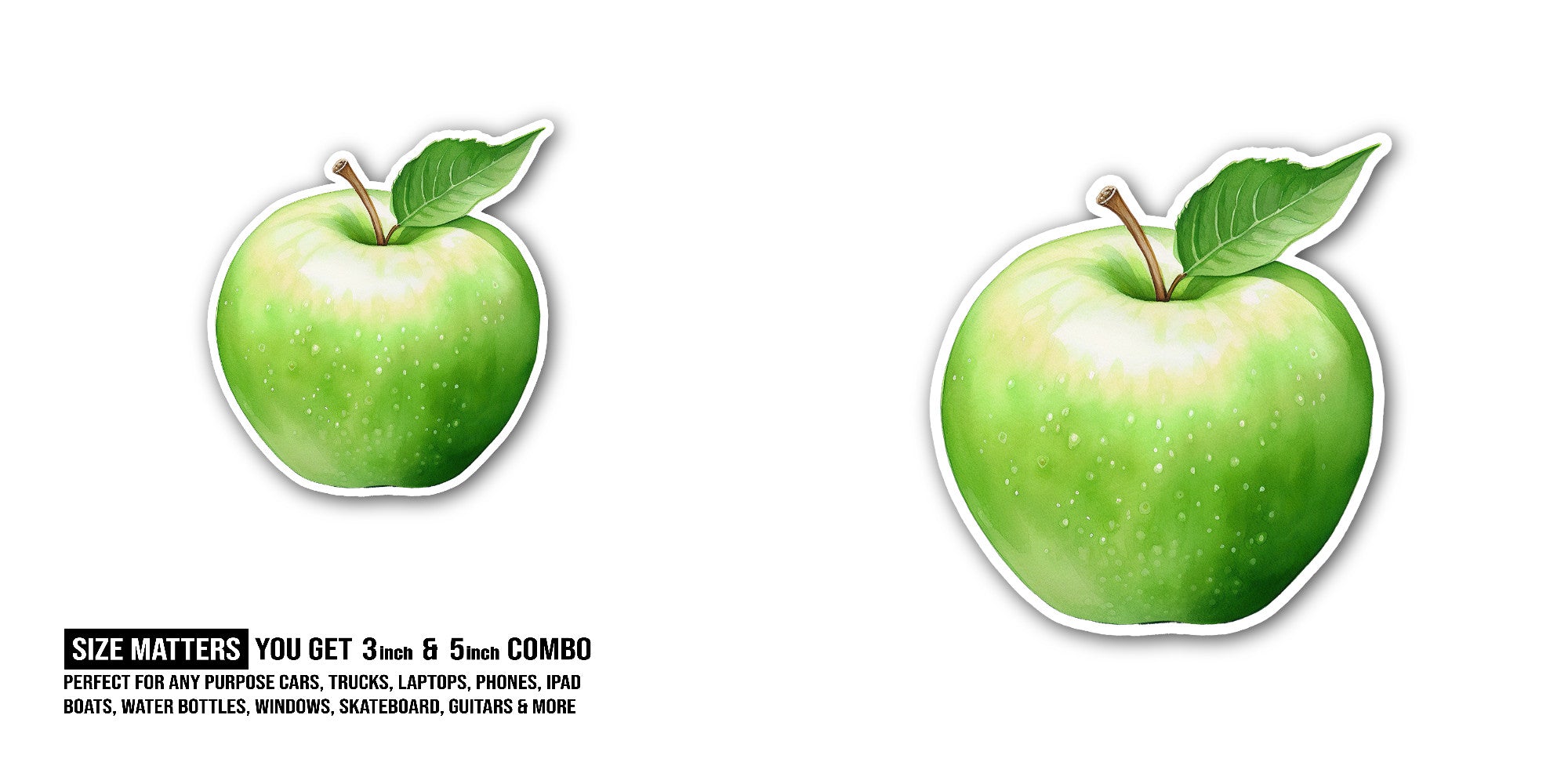 GREEN APPLE Sticker, Waterproof Vinyl Decal Sticker Indoor Or Outdoor 2 (Pieces) 3" and 5"