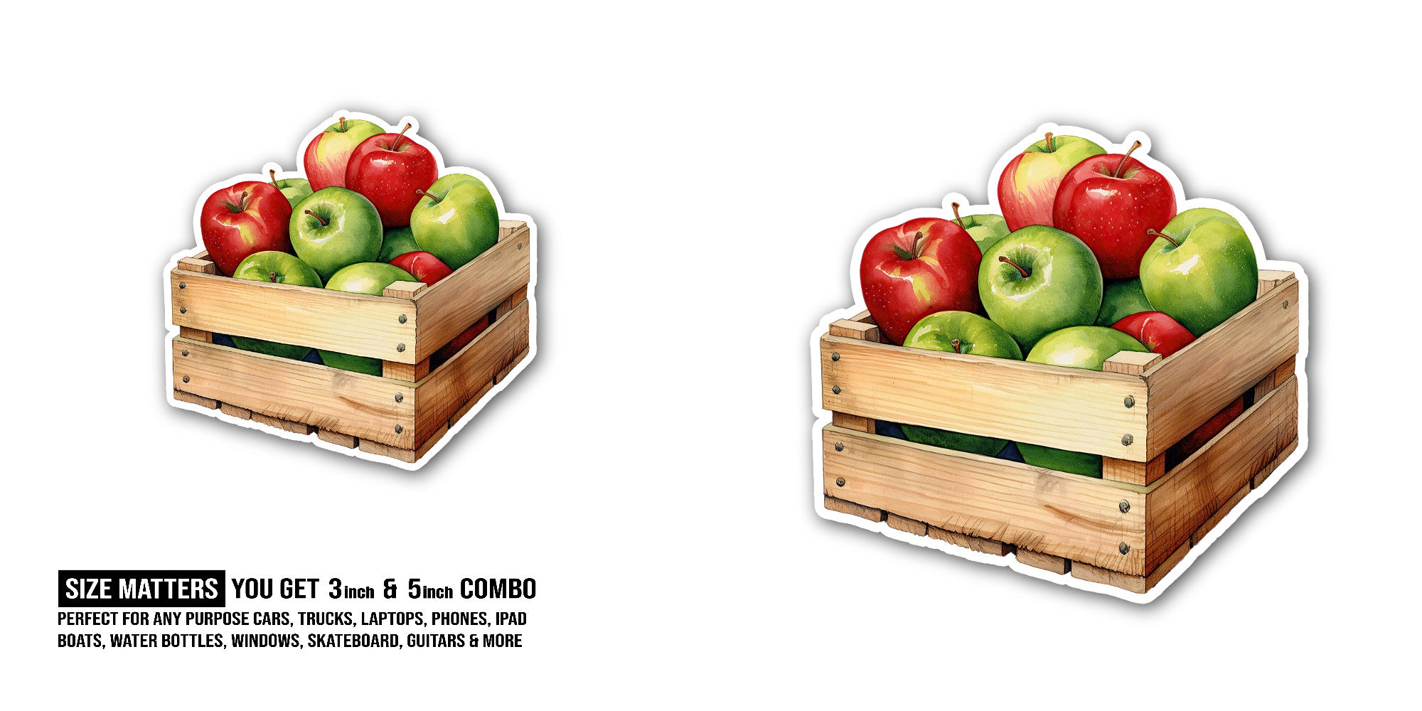 GREEN & RED APPLE BOX Sticker, Waterproof Vinyl Decal Sticker Indoor Or Outdoor 2 (Pieces) 3" and 5"