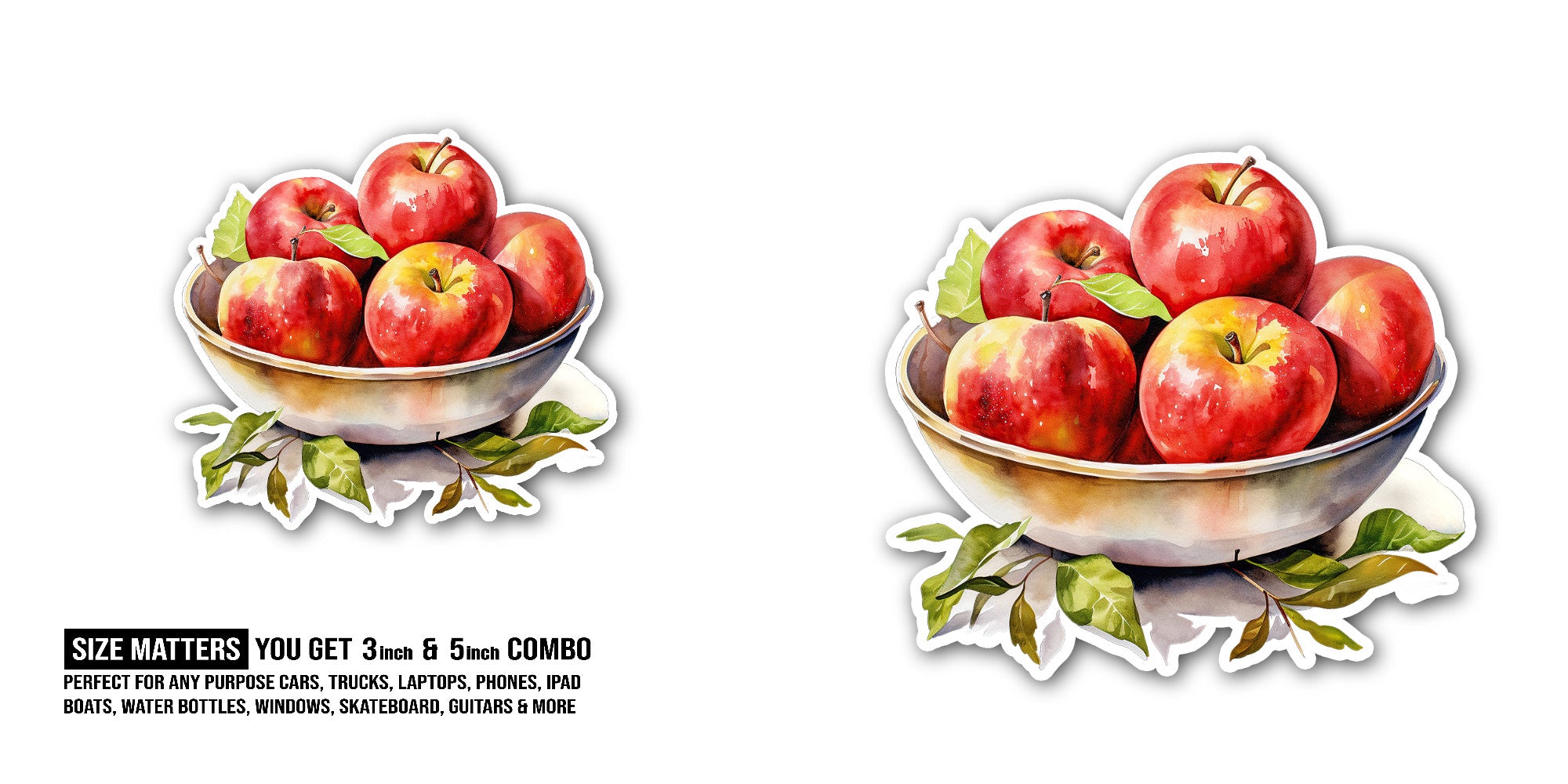 RED APPLES BOWL Sticker, Waterproof Vinyl Decal Sticker Indoor Or Outdoor 2 (Pieces) 3" and 5"