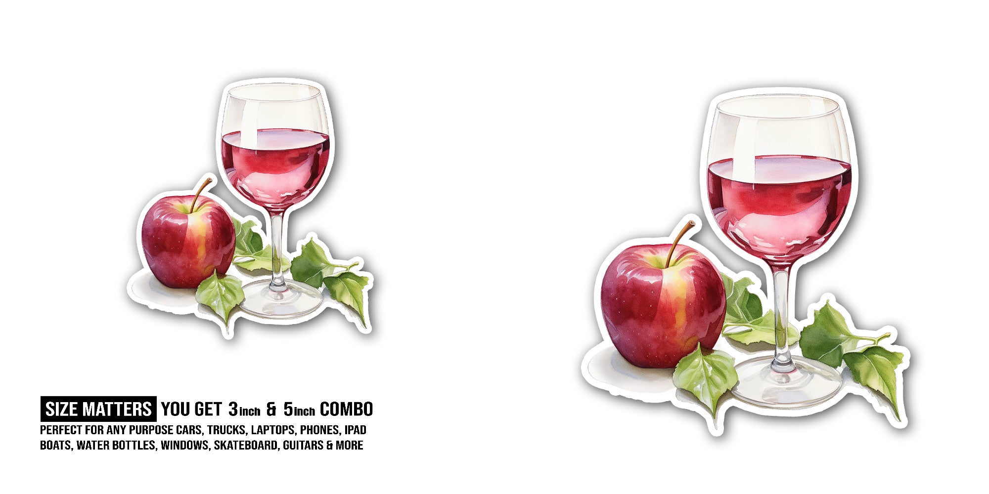 Glass of Wine Apple Sticker, Waterproof Vinyl Decal Sticker Indoor Or Outdoor 2 (Pieces) 3" and 5"