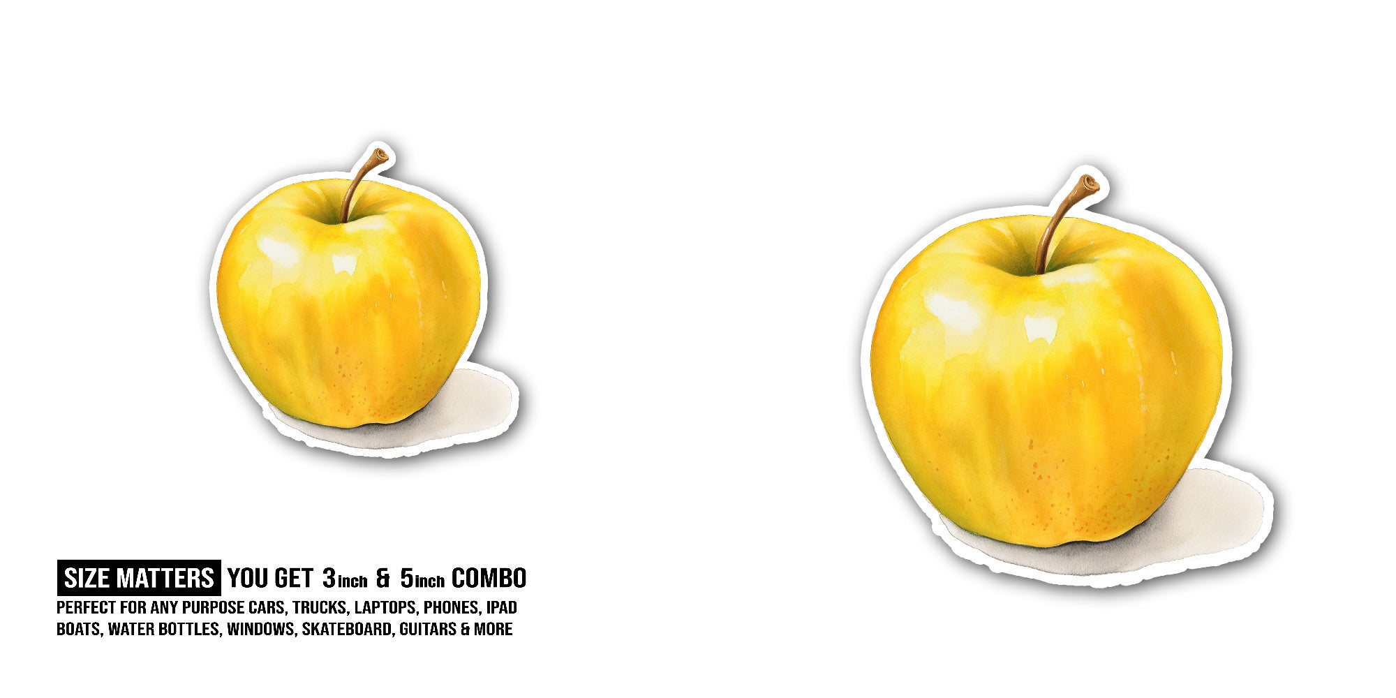 Golden apple Sticker, Waterproof Vinyl Decal Sticker Indoor Or Outdoor 2 (Pieces) 3" and 5"