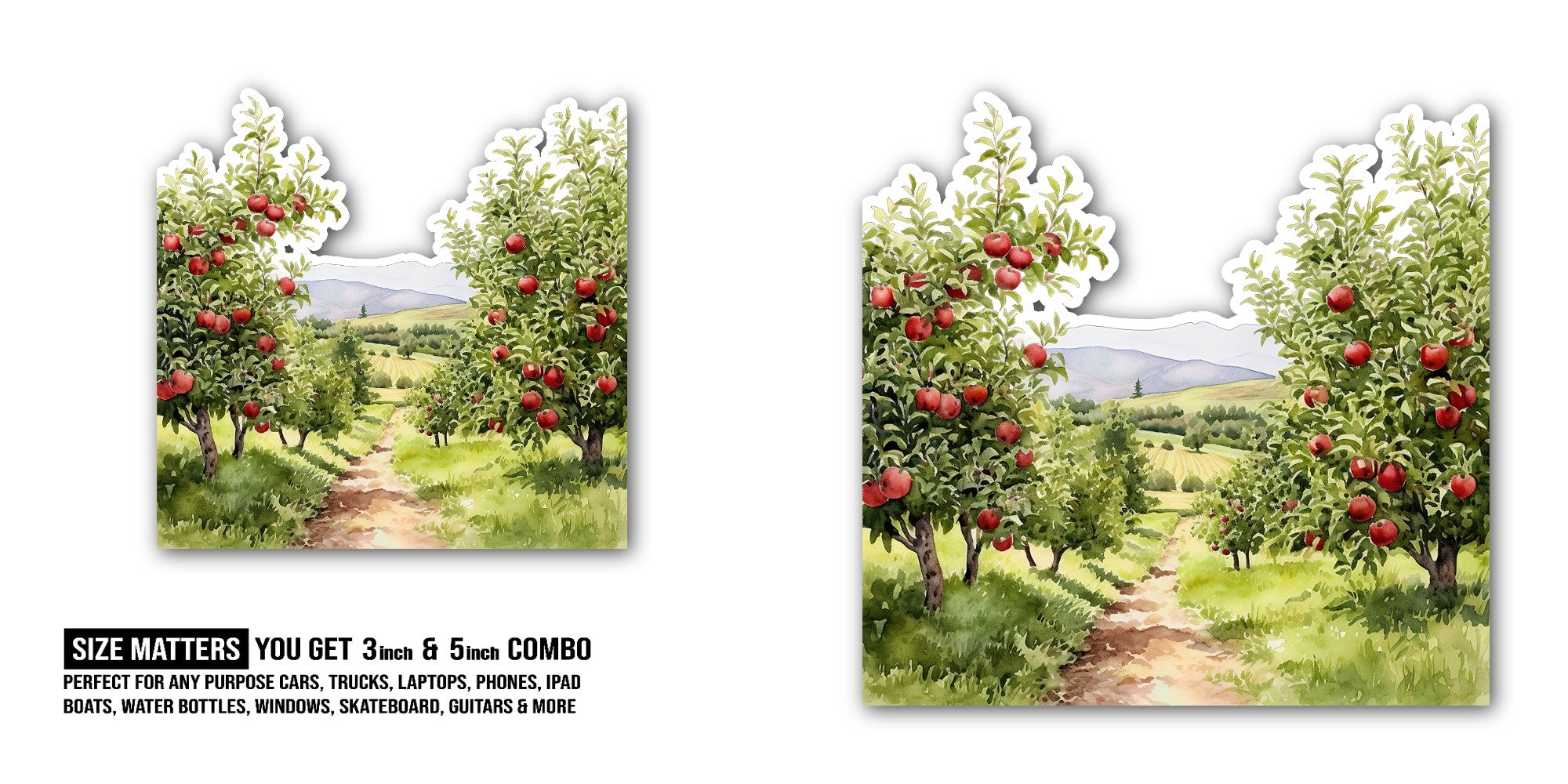 Apple Orchard Path Sticker, Waterproof Vinyl Decal Sticker Indoor Or Outdoor 2 (Pieces) 3" and 5"