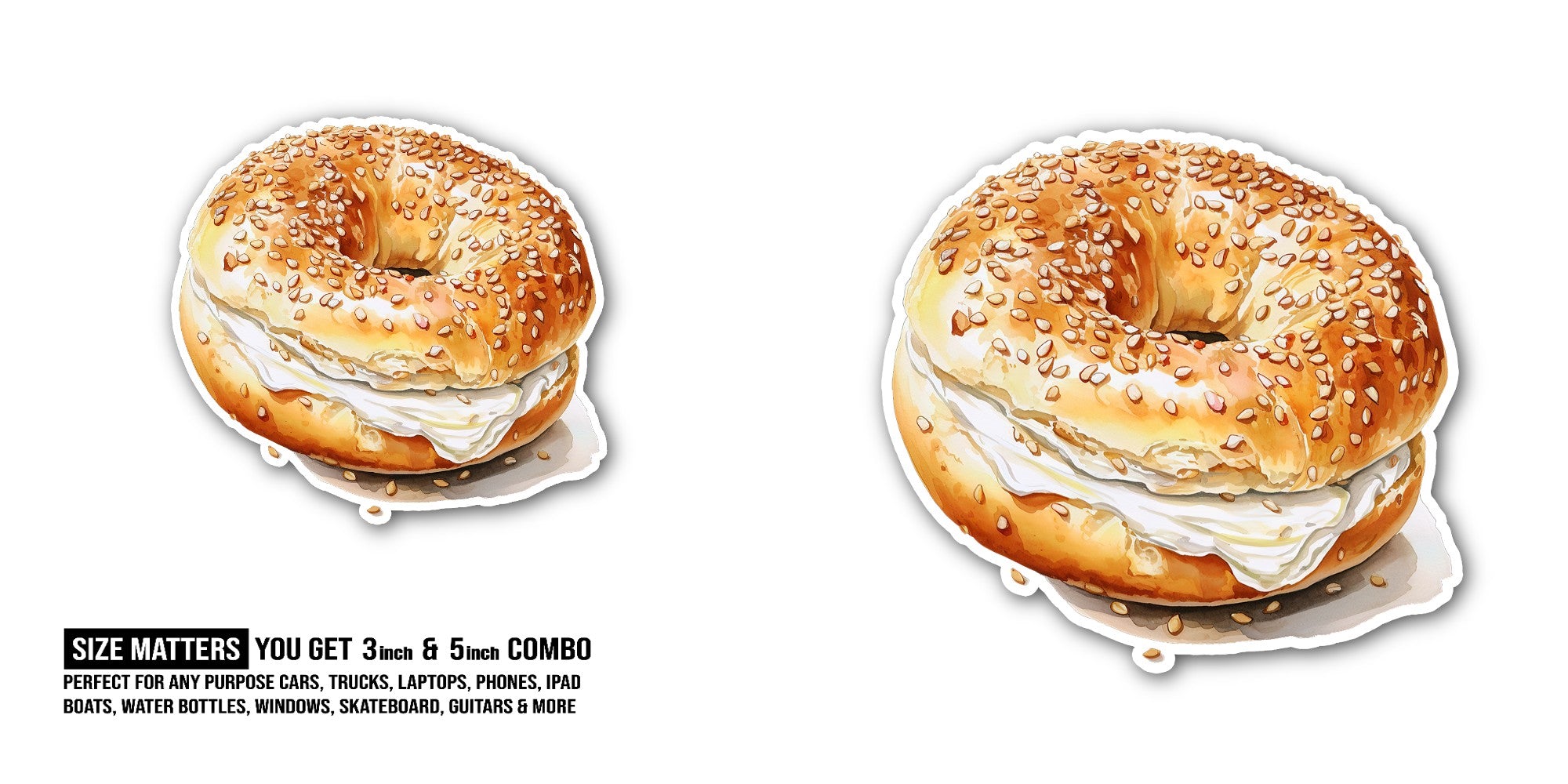 Bagel with cream cheese Sticker, Waterproof Vinyl Decal Sticker Indoor Or Outdoor 2 (Pieces) 3" and 5"