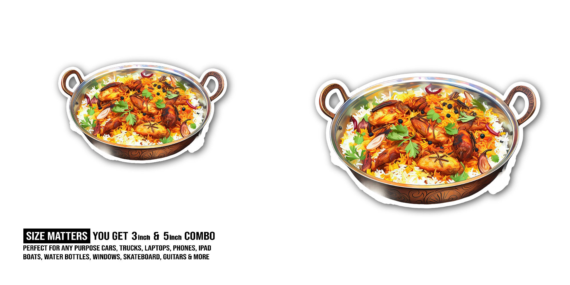 Biryani Sticker, Waterproof Vinyl Decal Sticker Indoor Or Outdoor 2 (Pieces) 3" and 5"