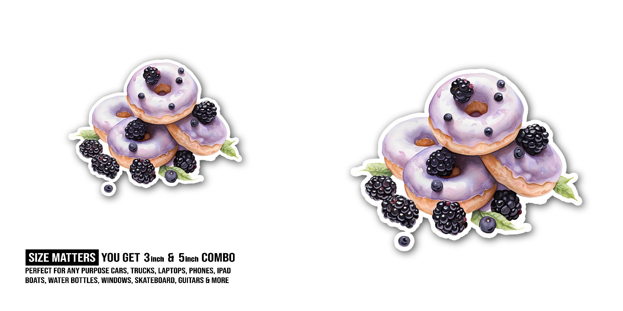 Blackberry Donuts Dessert Sticker, Waterproof Vinyl Decal Sticker Indoor Or Outdoor 2 (Pieces) 3" and 5"