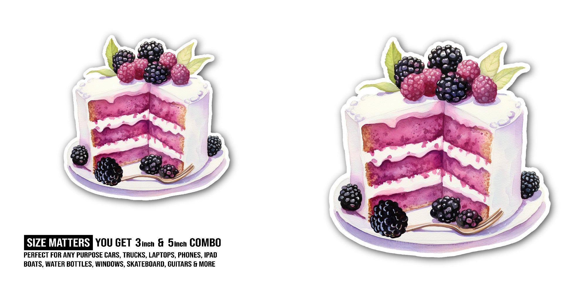 Blackberry Cake Slice Sticker, Waterproof Vinyl Decal Sticker Indoor Or Outdoor 2 (Pieces) 3" and 5"