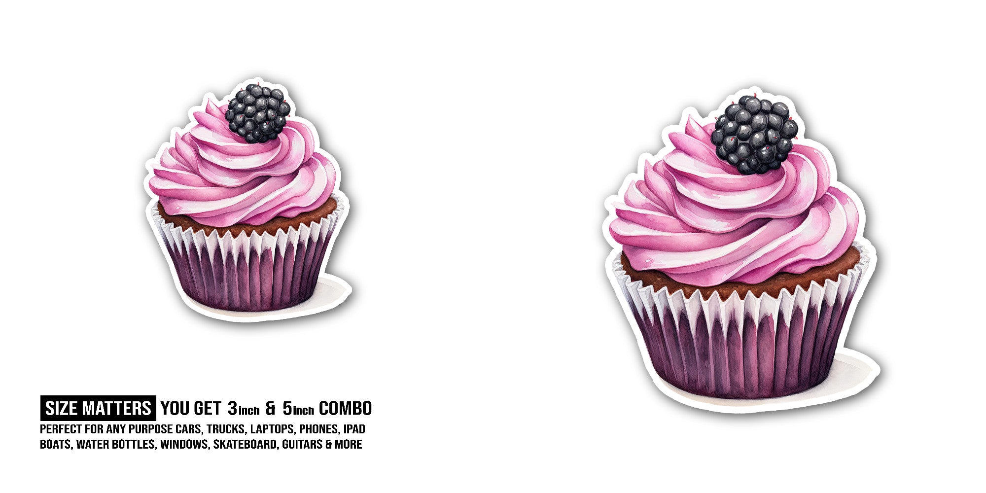 Cupcake Blackberry Sticker, Waterproof Vinyl Decal Sticker Indoor Or Outdoor 2 (Pieces) 3" and 5"