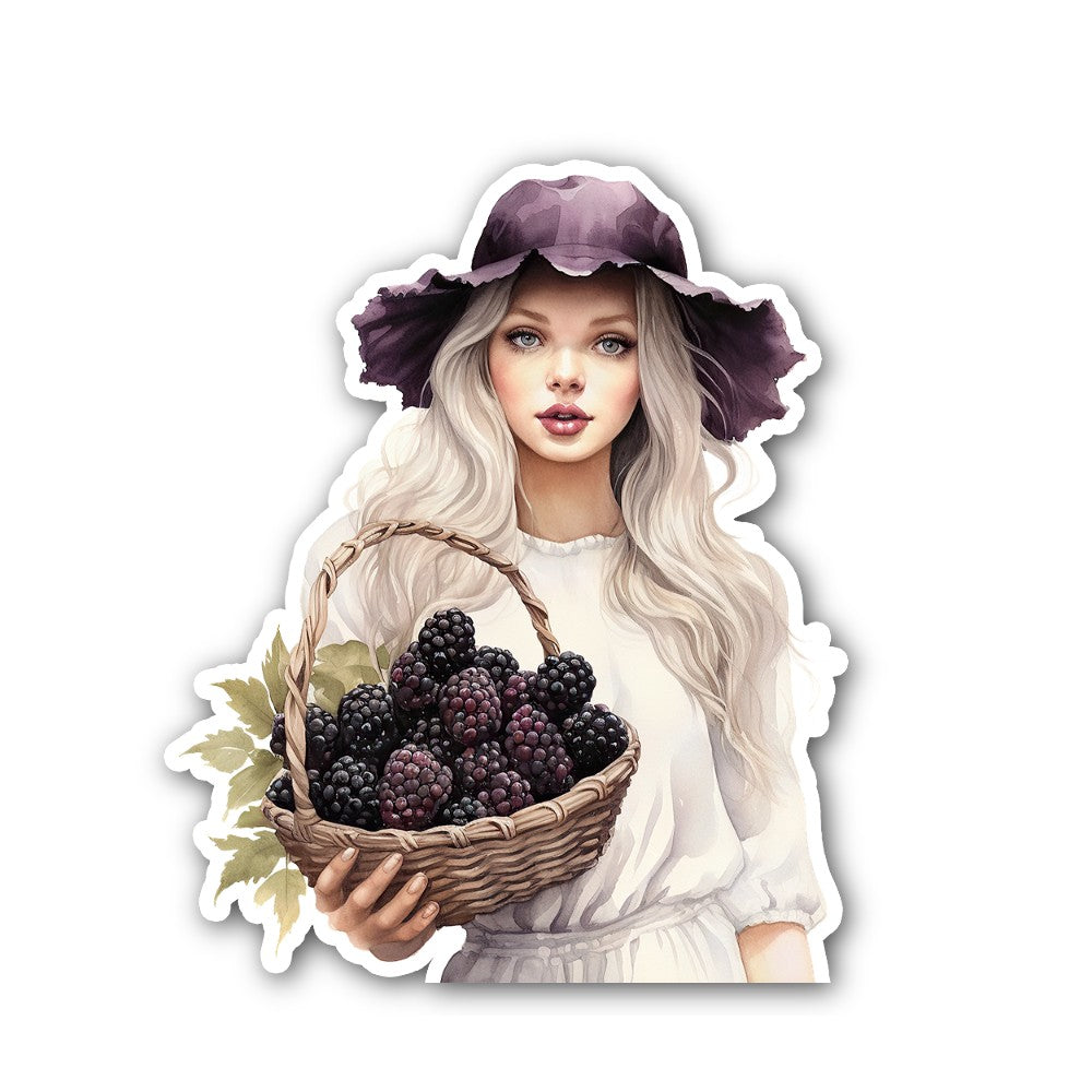 Blackberry Basket With Cute Girl Sticker, Waterproof Vinyl Decal Sticker Indoor Or Outdoor 2 (Pieces) 3" and 5"